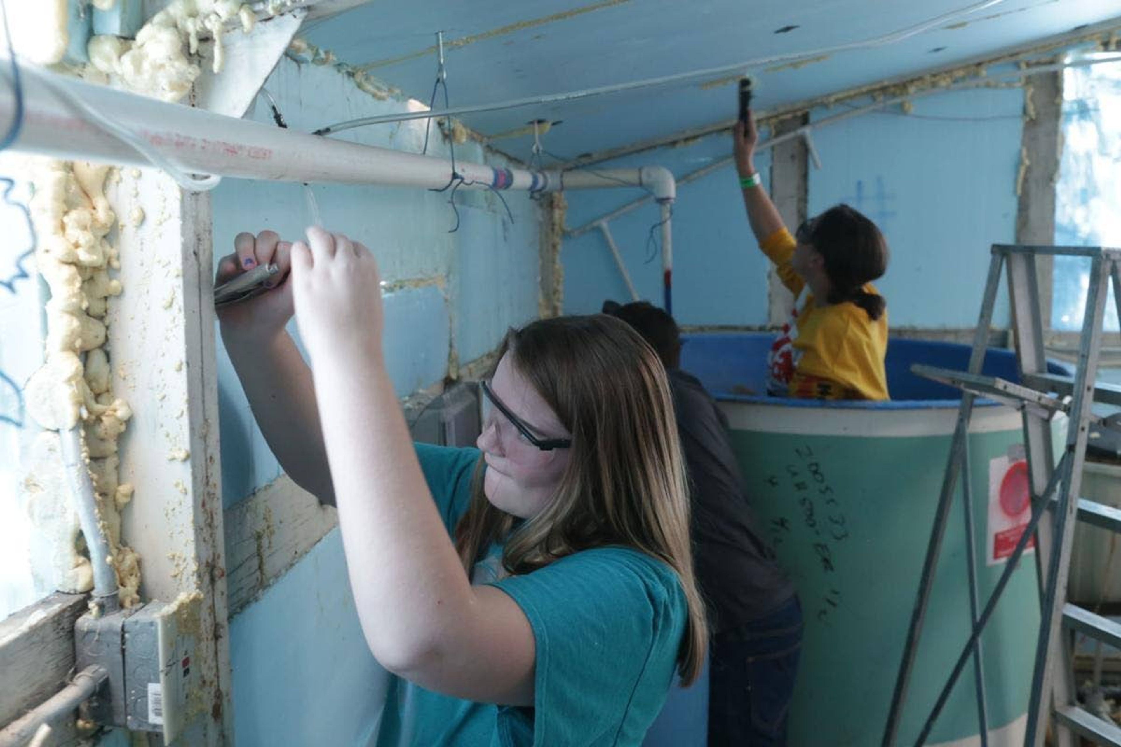 Students Kendal Mitchell and Laken Zartuche remove insulation as part of a project to turn the former aquatics room into greenhouses.