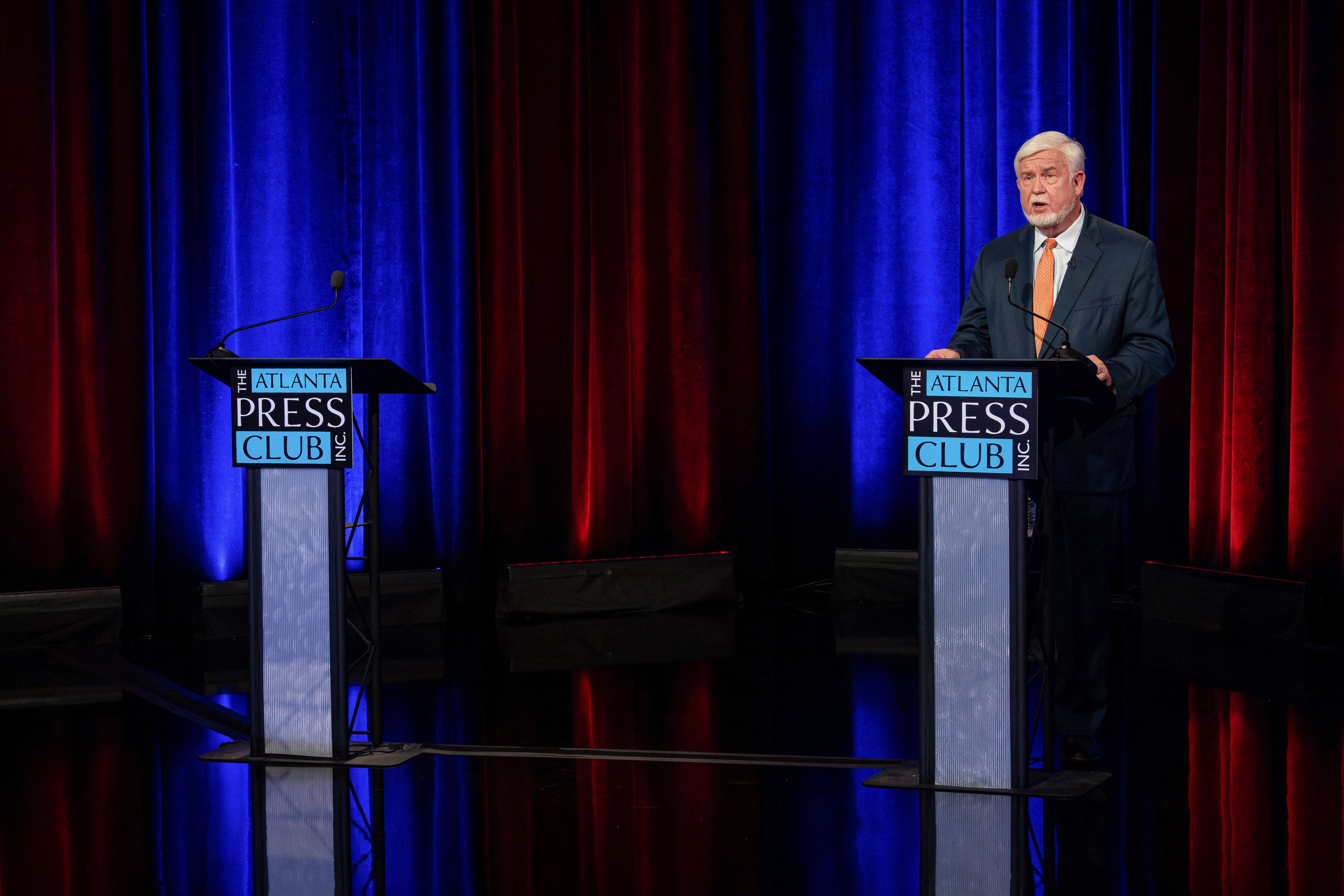 Georgia Republican Wayne Johnson speaks during a debate sponsored by the Atlanta Press Club with Republican Chuck Hand on Sunday, June 9, 2024, in Atlanta. Both candidates for Georgia's 2nd Congressional District are competing in a June 18 runoff for the GOP nomination.