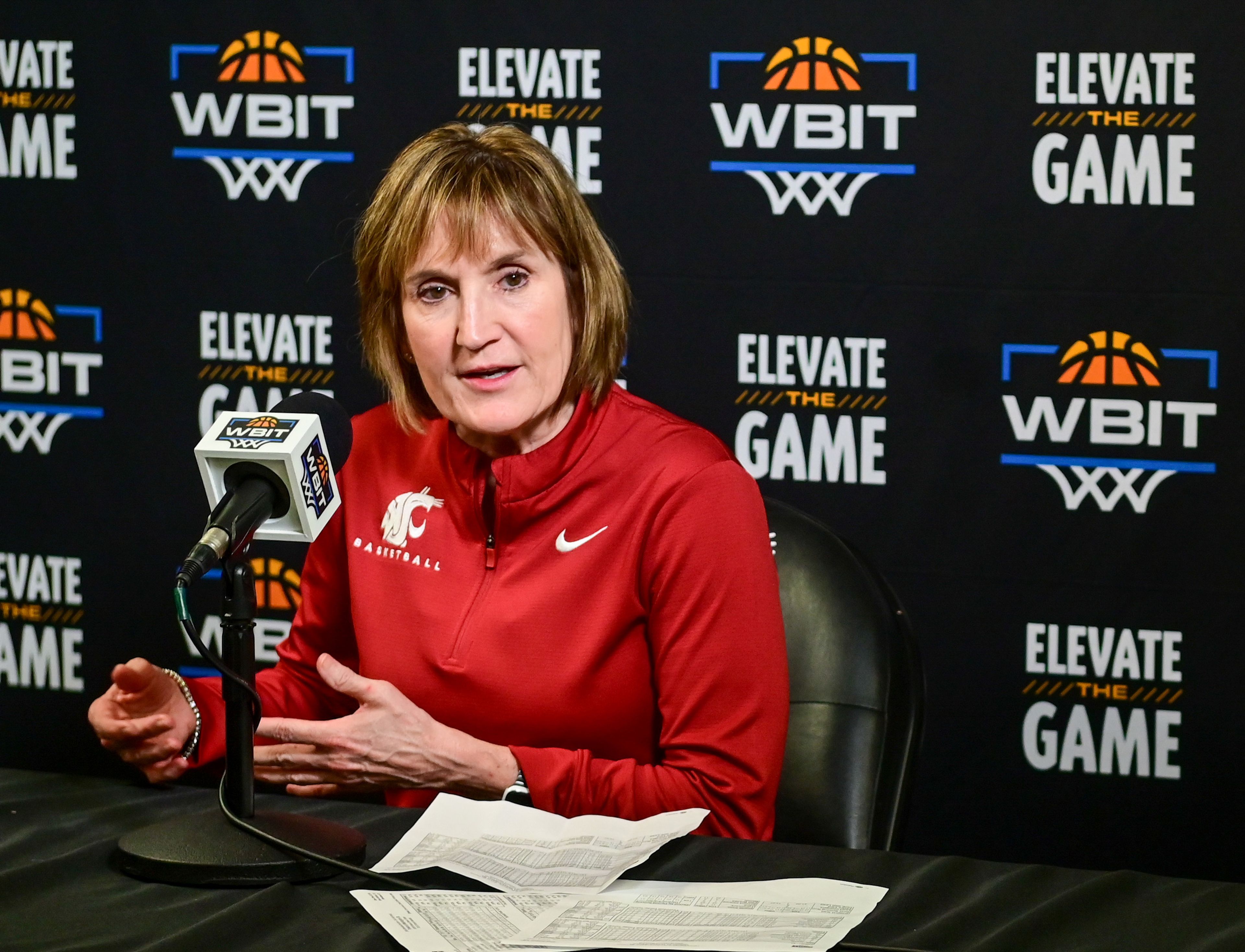 Washington State coach Kamie Ethridge speaks at a news conference after the Cougars’ win over the Toledo Rockets in 
Pullman on March 28.


