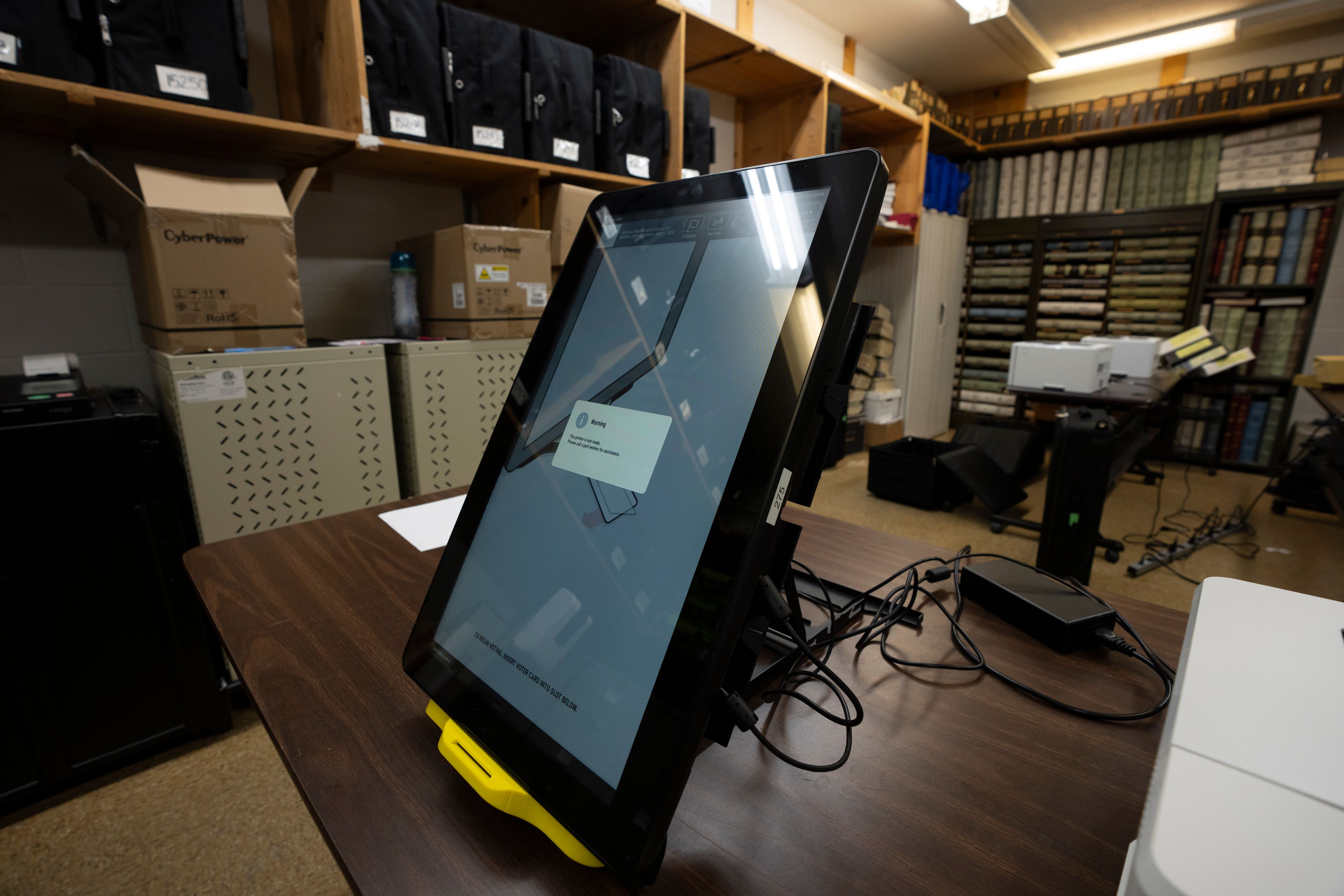 A secure room with voting equipment is seen in Mineral County clerk-treasurer's office in Hawthorne, Nev., Monday, May 13, 2024. The use of electronic balloting has been quietly expanding in recent years to cover the disabled and, in Nevada this year, Native American tribes. Election security experts are warning of the risk that ballots submitted on a computer can be digitally intercepted or manipulated.