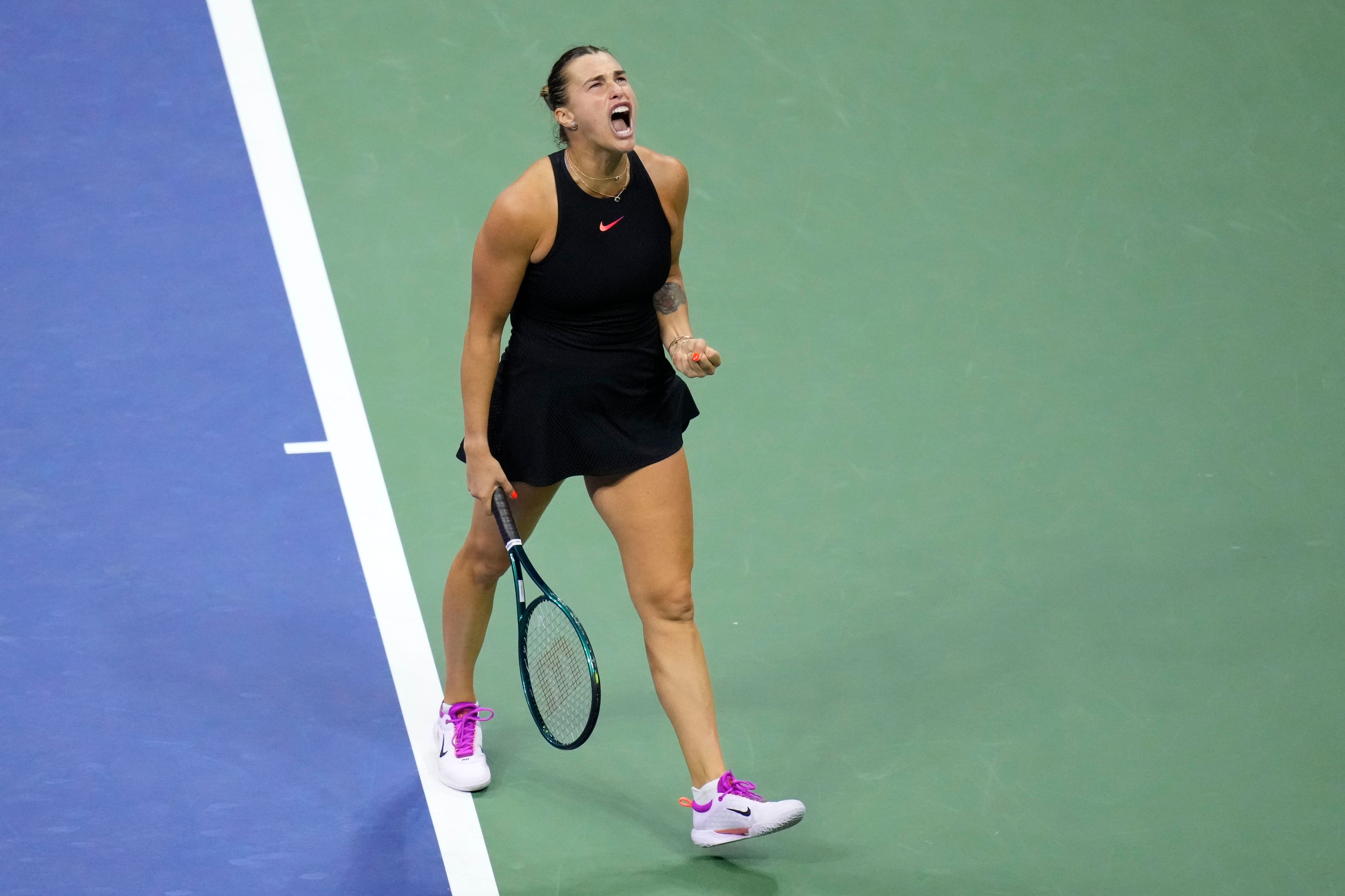 Aryna Sabalenka, of Belarus, reacts against Emma Navarro, of the United States, during the women's singles semifinals of the U.S. Open tennis championships, Thursday, Sept. 5, 2024, in New York.