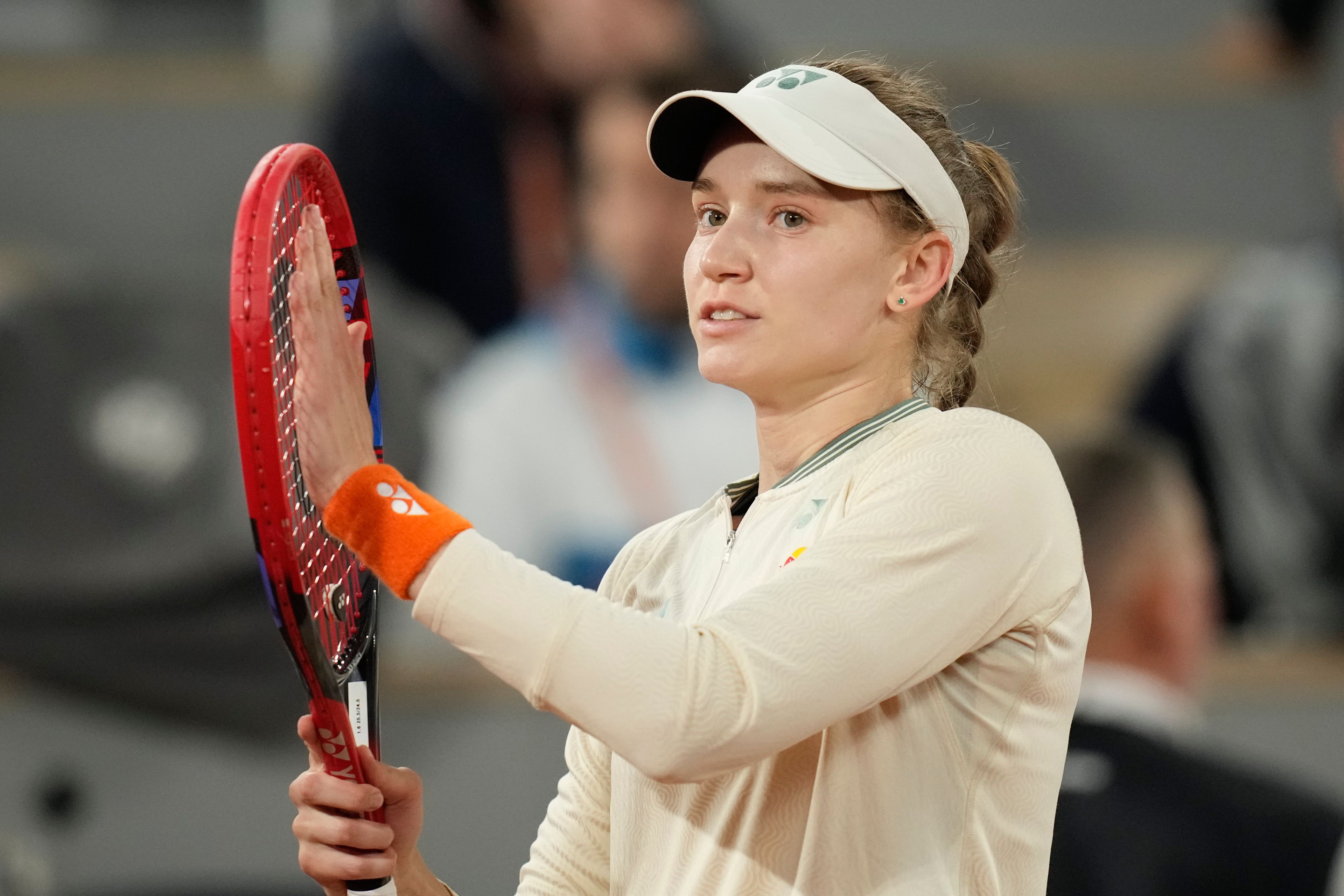 Kazakhstan's Elena Rybakina celebrates winning her third round match of the French Open tennis tournament against Belgium's Elise Mertens at the Roland Garros stadium in Paris, Saturday, June 1, 2024.