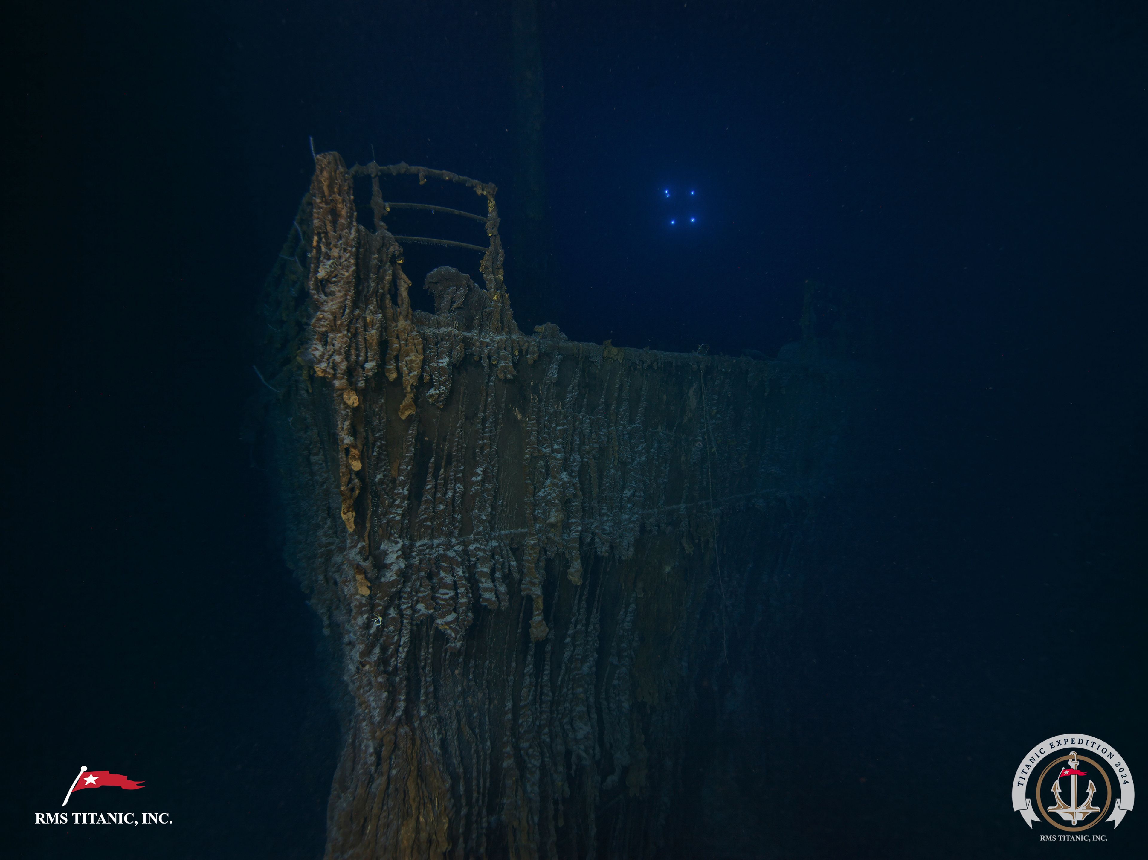 This image released on Monday, Sept. 2, 2024, shows the bow of the Titanic with a large section of the deck railing now missing photographed this summer by a company with salvage rights to the wreck site on its first expedition there in many years.