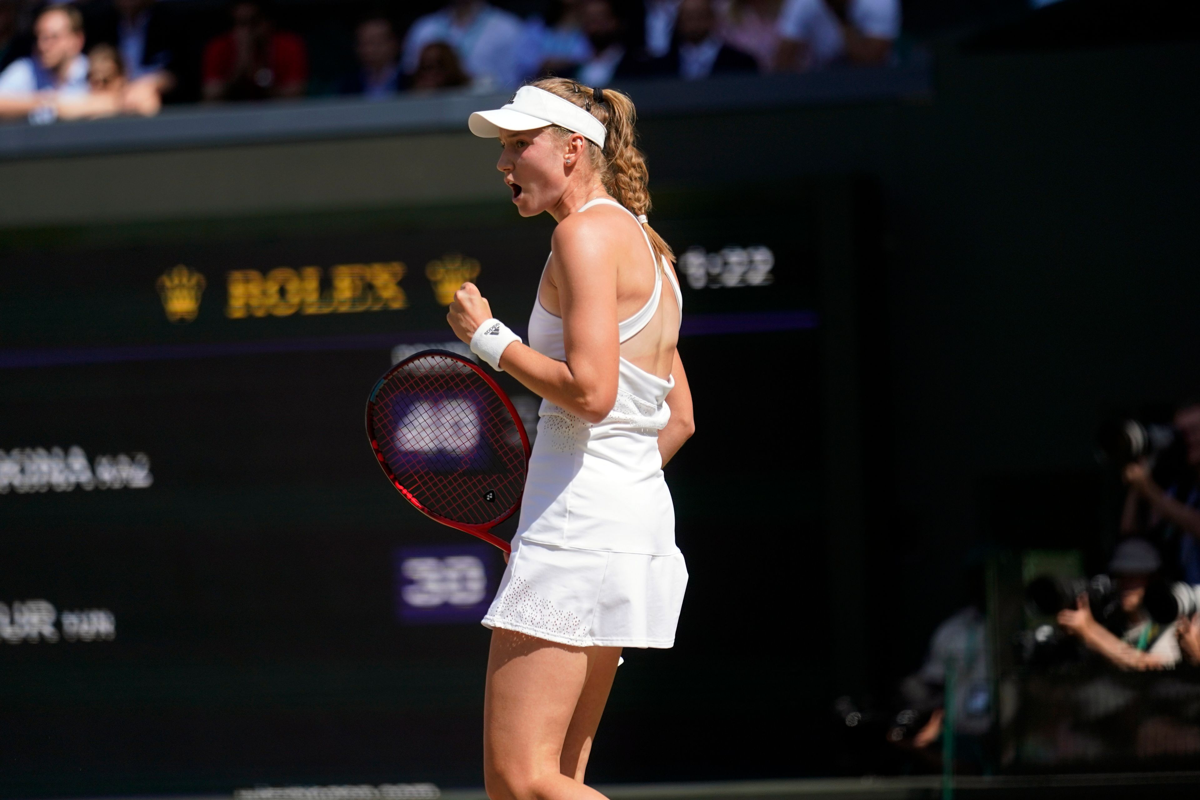 Kazakhstan's Elena Rybakina celebrates a point against Tunisia's Ons Jabeur in the final of the women's singles on day thirteen of the Wimbledon tennis championships in London, Saturday, July 9, 2022. (AP Photo/Gerald Herbert)