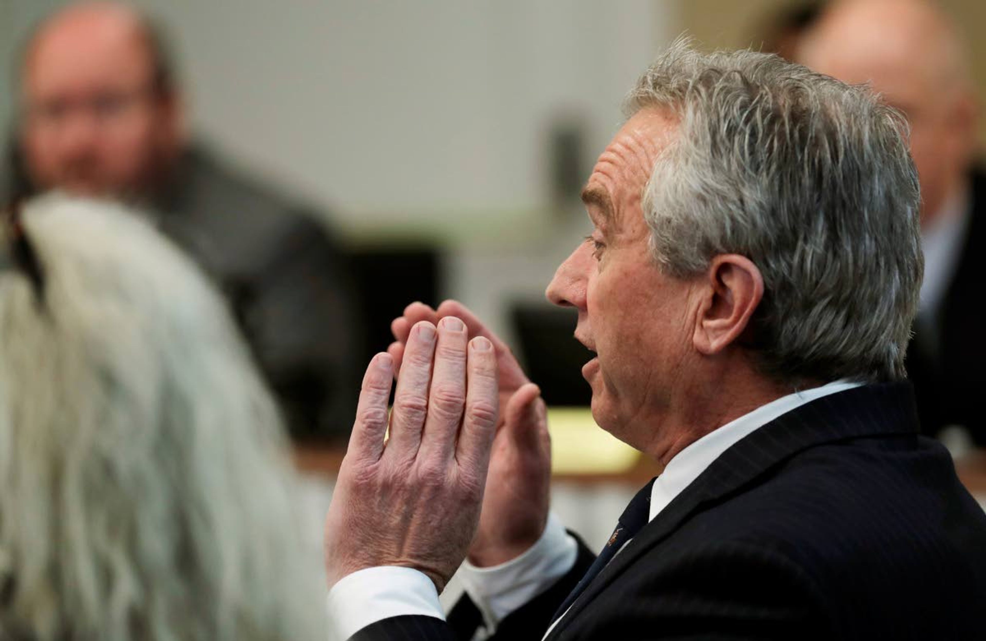 Robert Kennedy Jr. testifies Friday, Feb. 8, 2019, during a public hearing before the House Health Care & Wellness Committee at the Capitol in Olympia, Wash. Amid a measles outbreak that has sickened people in Washington state and Oregon, lawmakers heard public testimony on a bill that would remove parents' ability to claim a philosophical exemption to opt their school-age children out of the combined measles, mumps and rubella vaccine. Kennedy spoke against the bill. (AP Photo/Ted S. Warren)