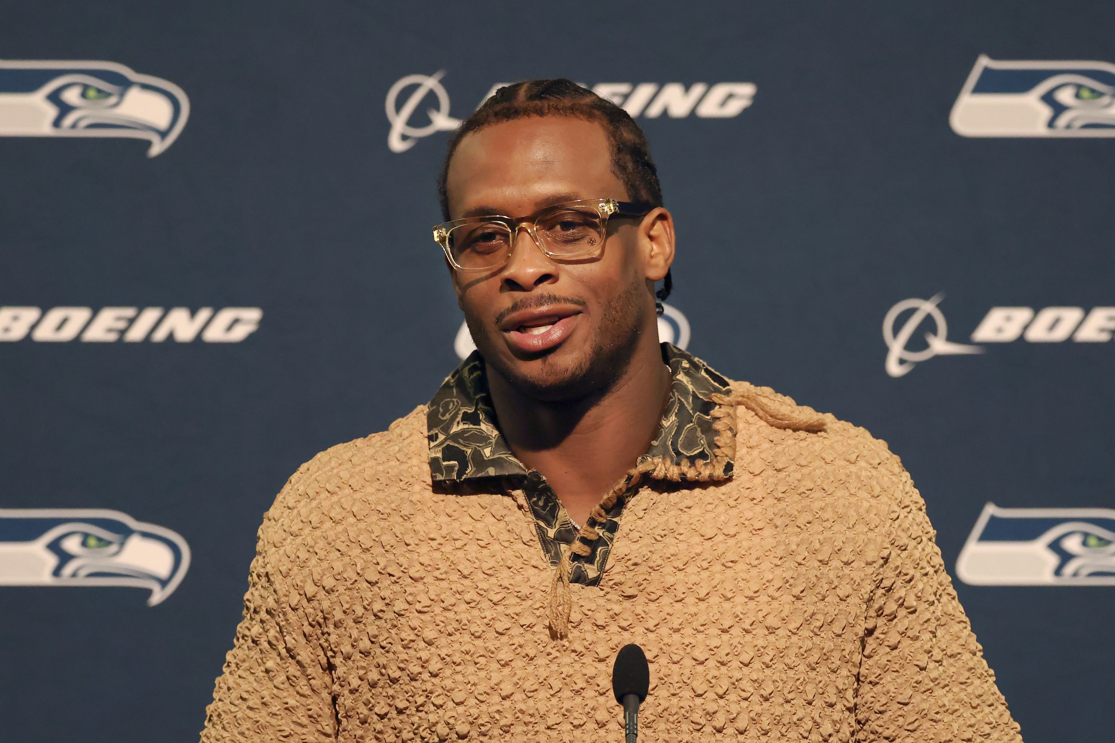 Seattle Seahawks quarterback Geno Smith speaks at a news conference after an NFL football game against the San Francisco 49ers in Santa Clara, Calif., Sunday, Nov. 17, 2024. (AP Photo/Jed Jacobsohn)