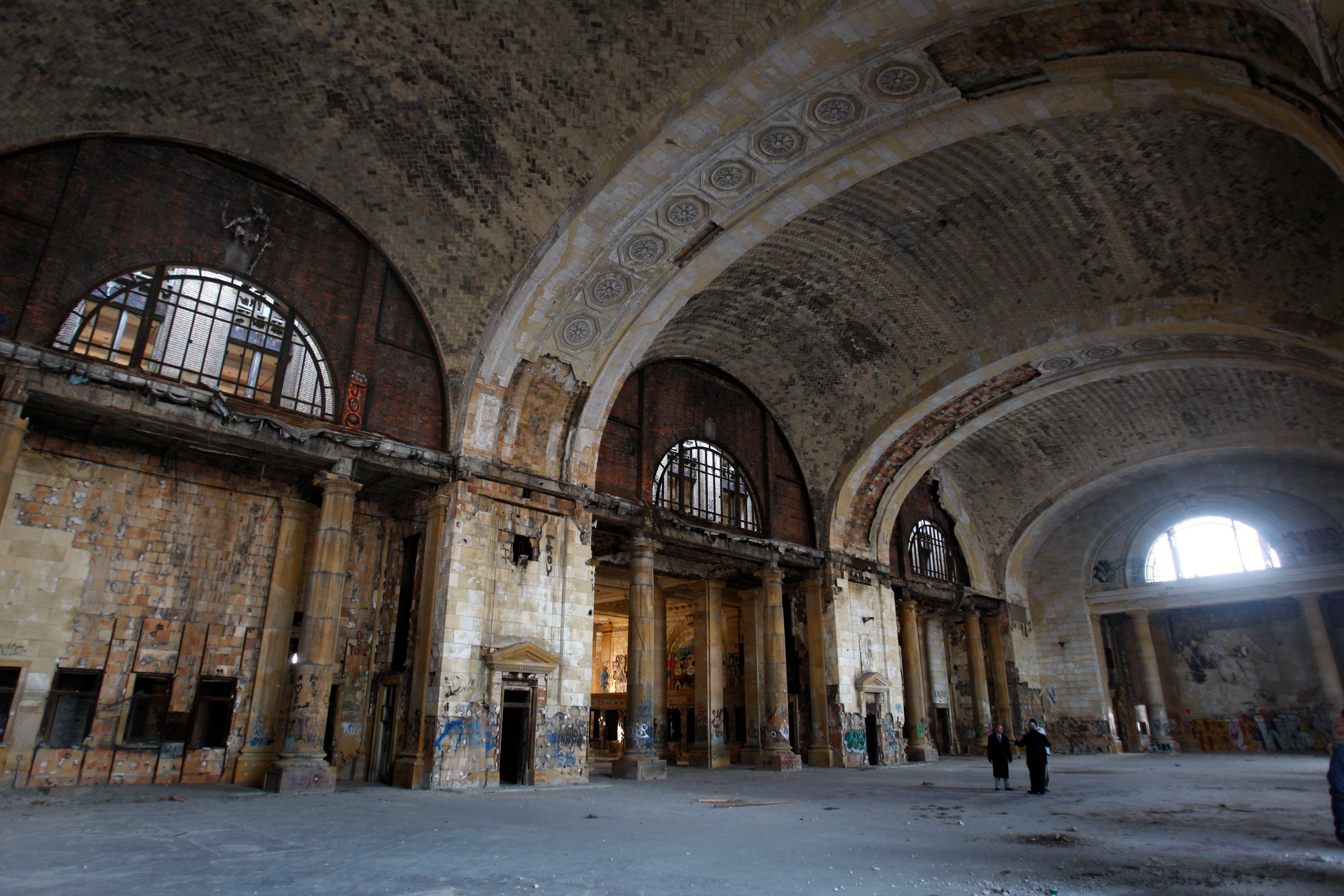 FILE- The interior of the Michigan Central Station is seen, Thursday, Jan. 21, 2010 in Detroit. A once hulking scavenger-ravaged monolith that symbolized Detroit's decline reopens this week after a massive six-year multimillion dollar renovation by Ford Motor Co., which restored the Michigan Central Station to its past grandeur with a focus squarely on the future of mobility.