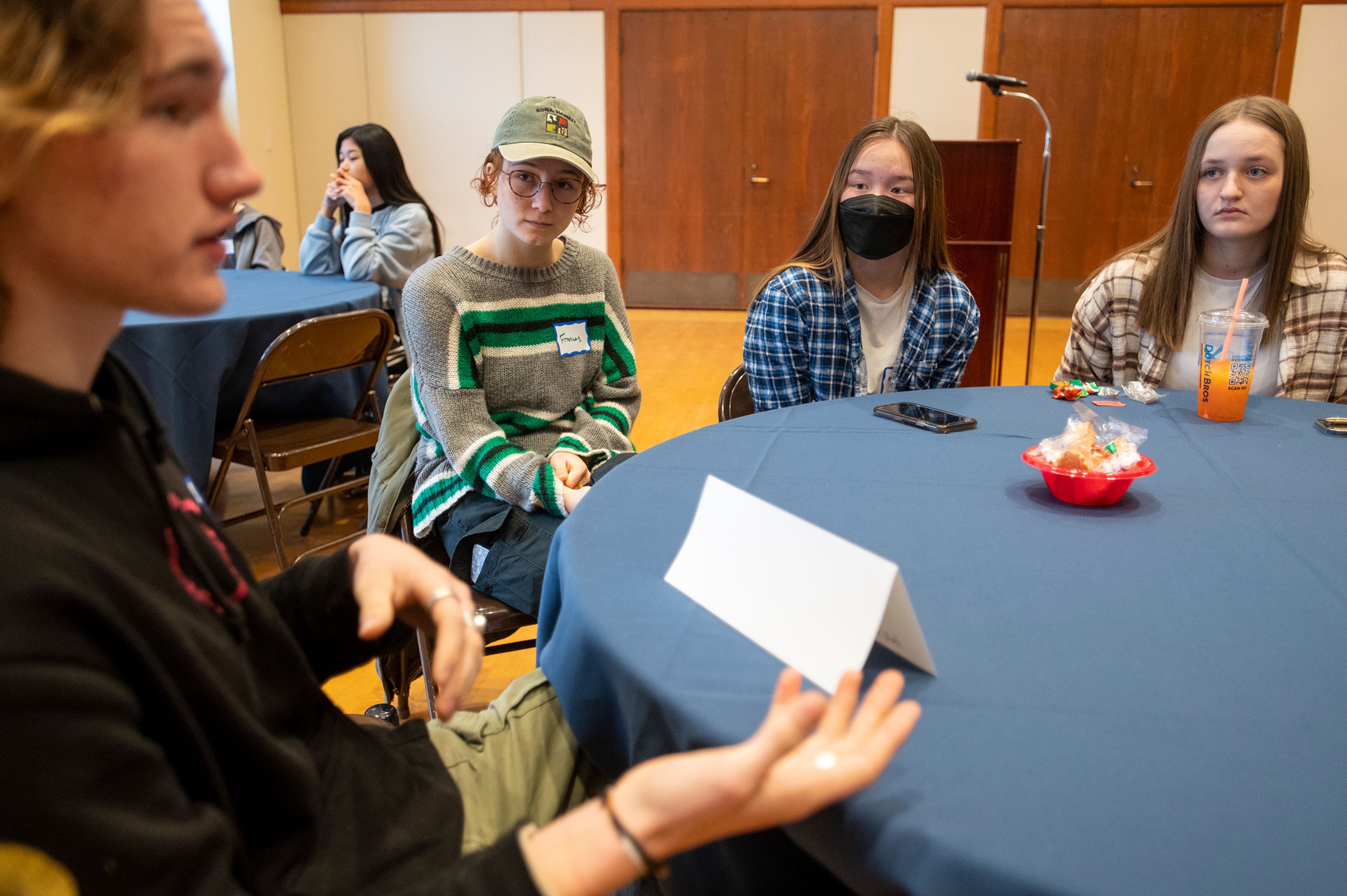 High school students listen to Max Salow, a film production student at the University of Southern California, during a Palouse Pathways event at the 1912 Center in Moscow on Wednesday.