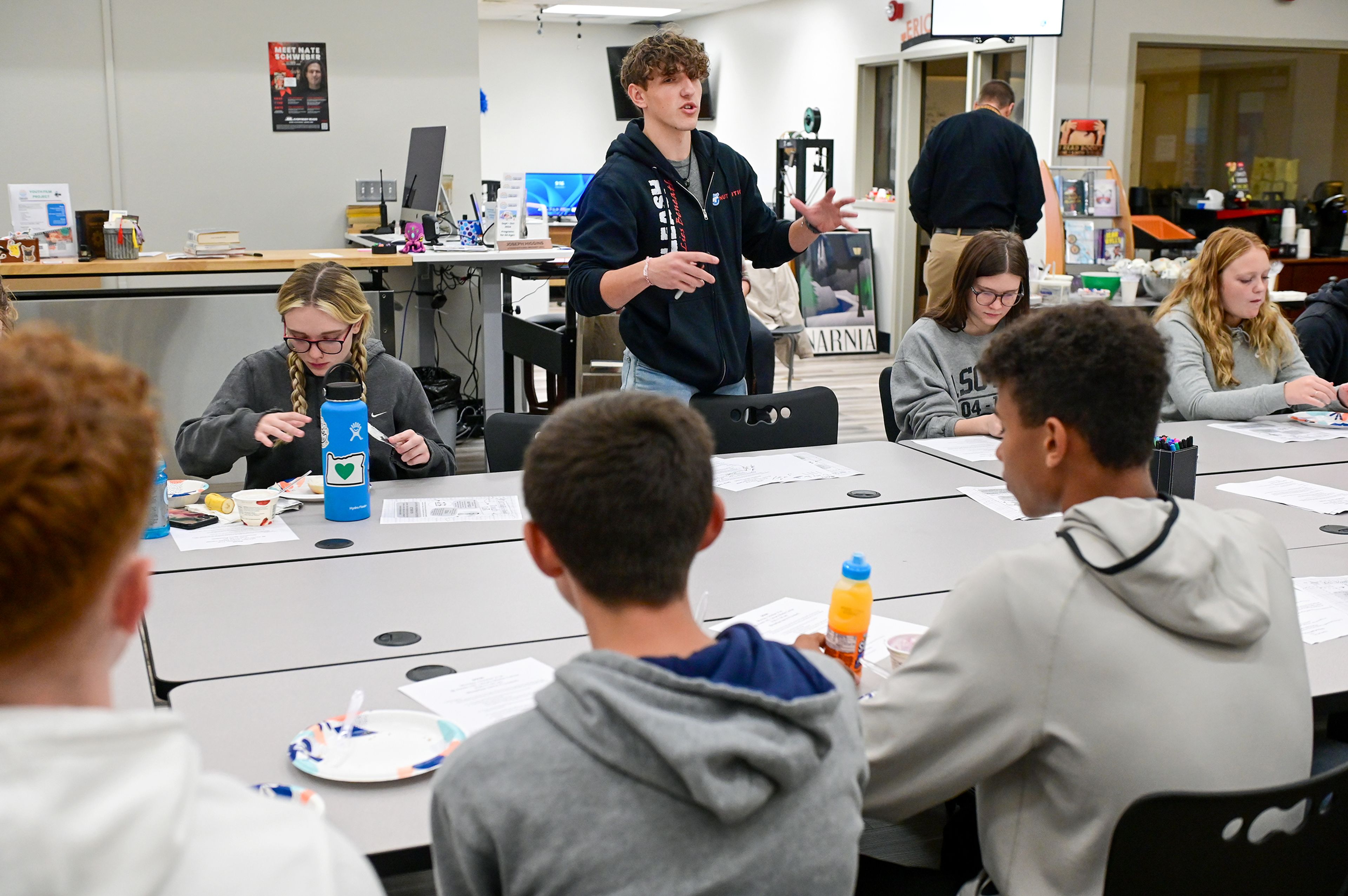 Noah Koehler, center, a senior at Asotin High School, opens a Students of the Valley Advocacy meeting Monday at AHS. The group includes students from Asotin, Clarkston, Lewiston and Tammany high schools.,