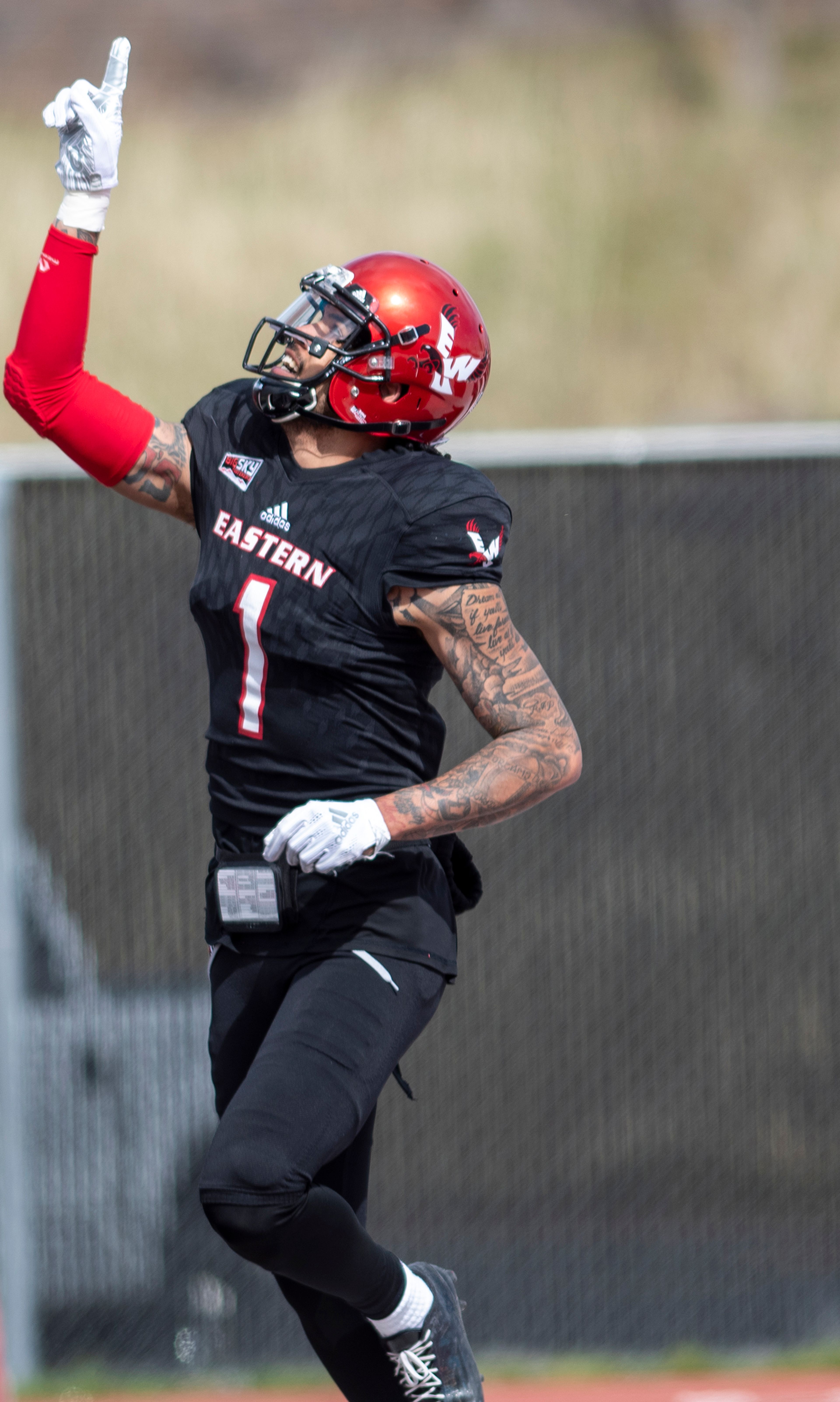 Eastern Washington wide receiver Talolo Limu-Jones (1) celebrates after a catching a touchdown pass during the third quarter of a Big Sky Conference matchup at Roos Field on Saturday afternoon. Eastern Washington defeated Idaho 38-31.