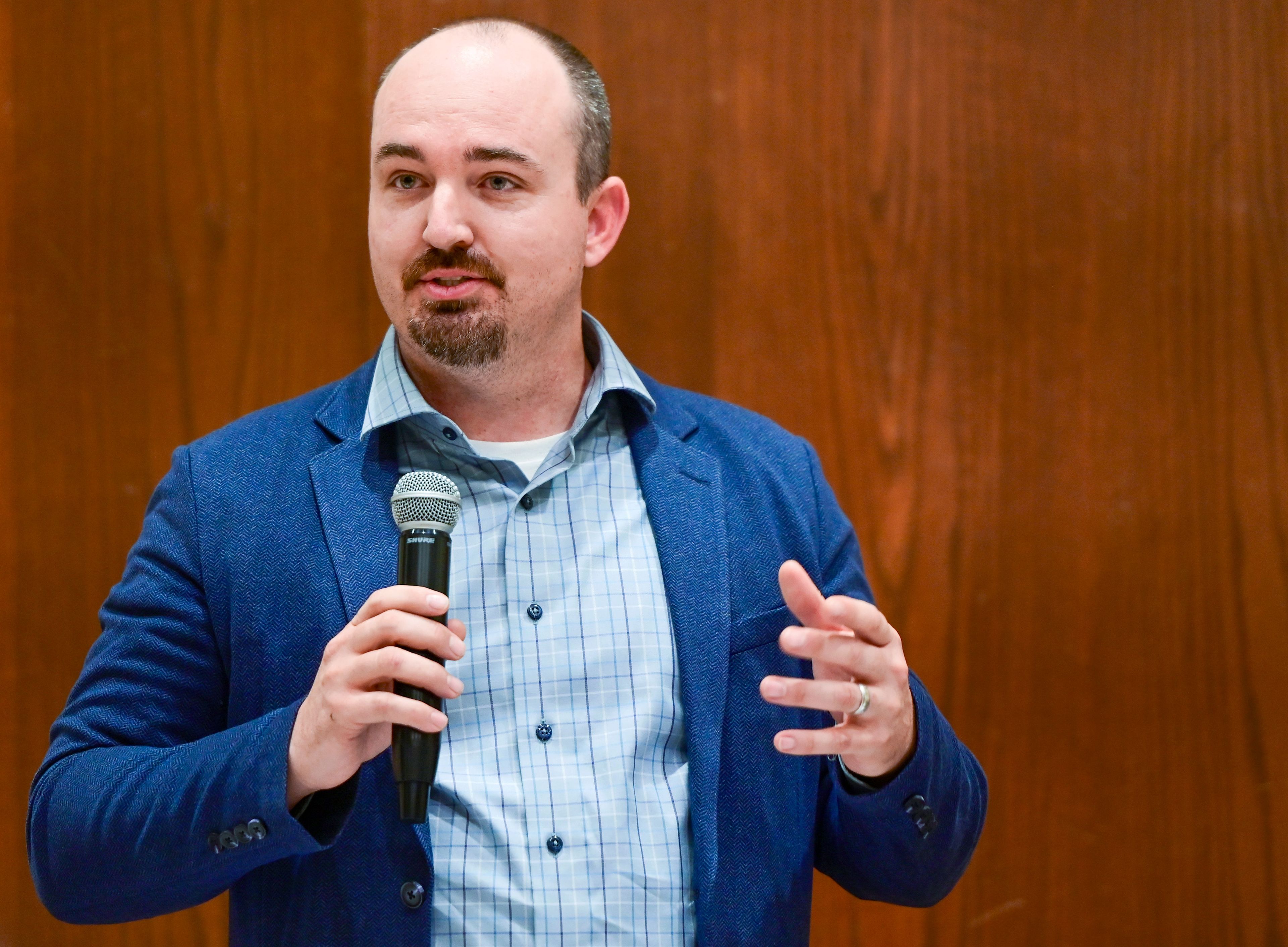 Incumbent Drew Davis speaks at a candidate forum for Moscow City Council candidates on Wednesday.,