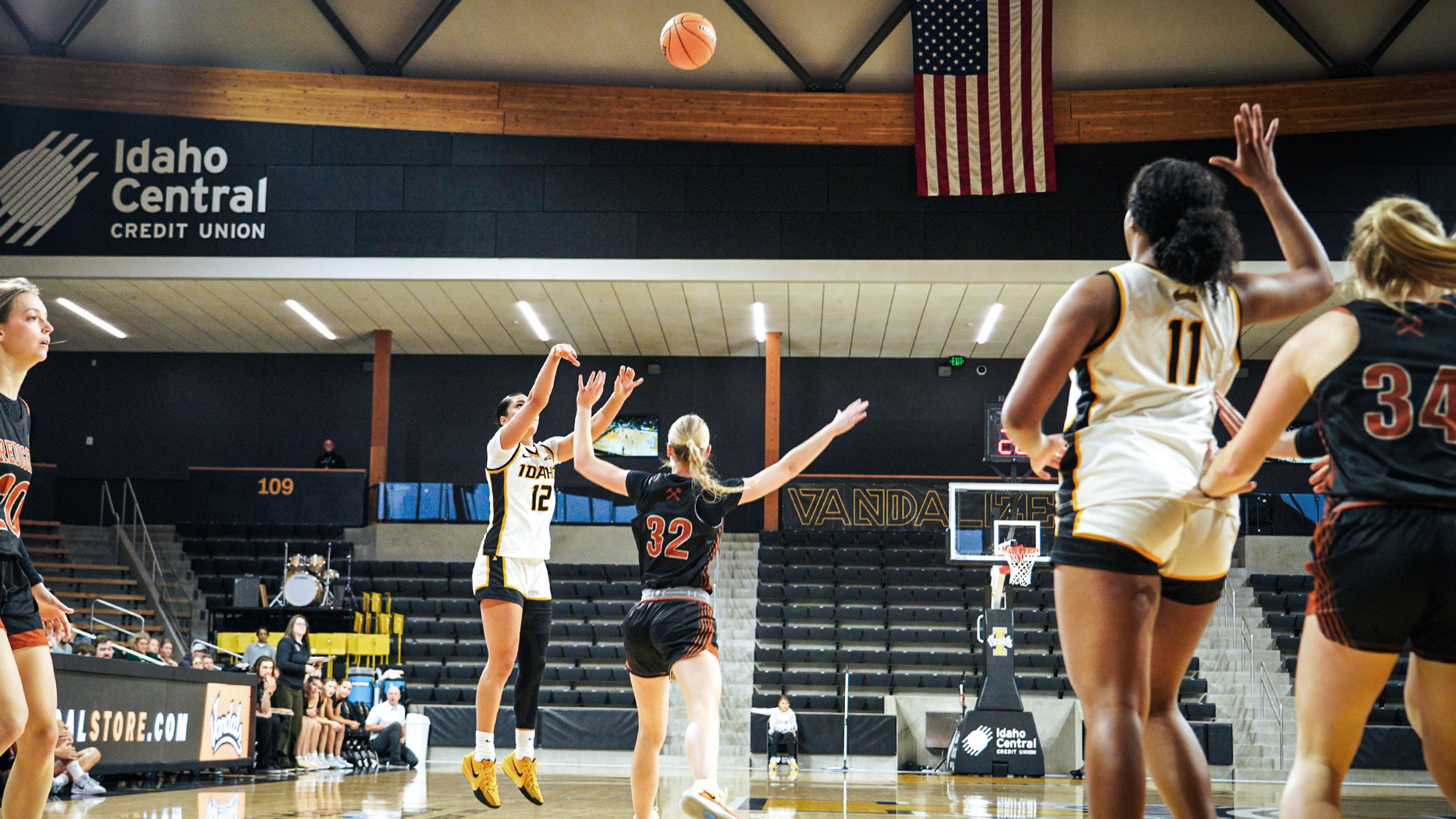 Idaho’s Anja Bukvic (12) follows through on a shot against Montana Tech during a game Wednesday, Nov. 27, at ICCU Arena in Moscow.

