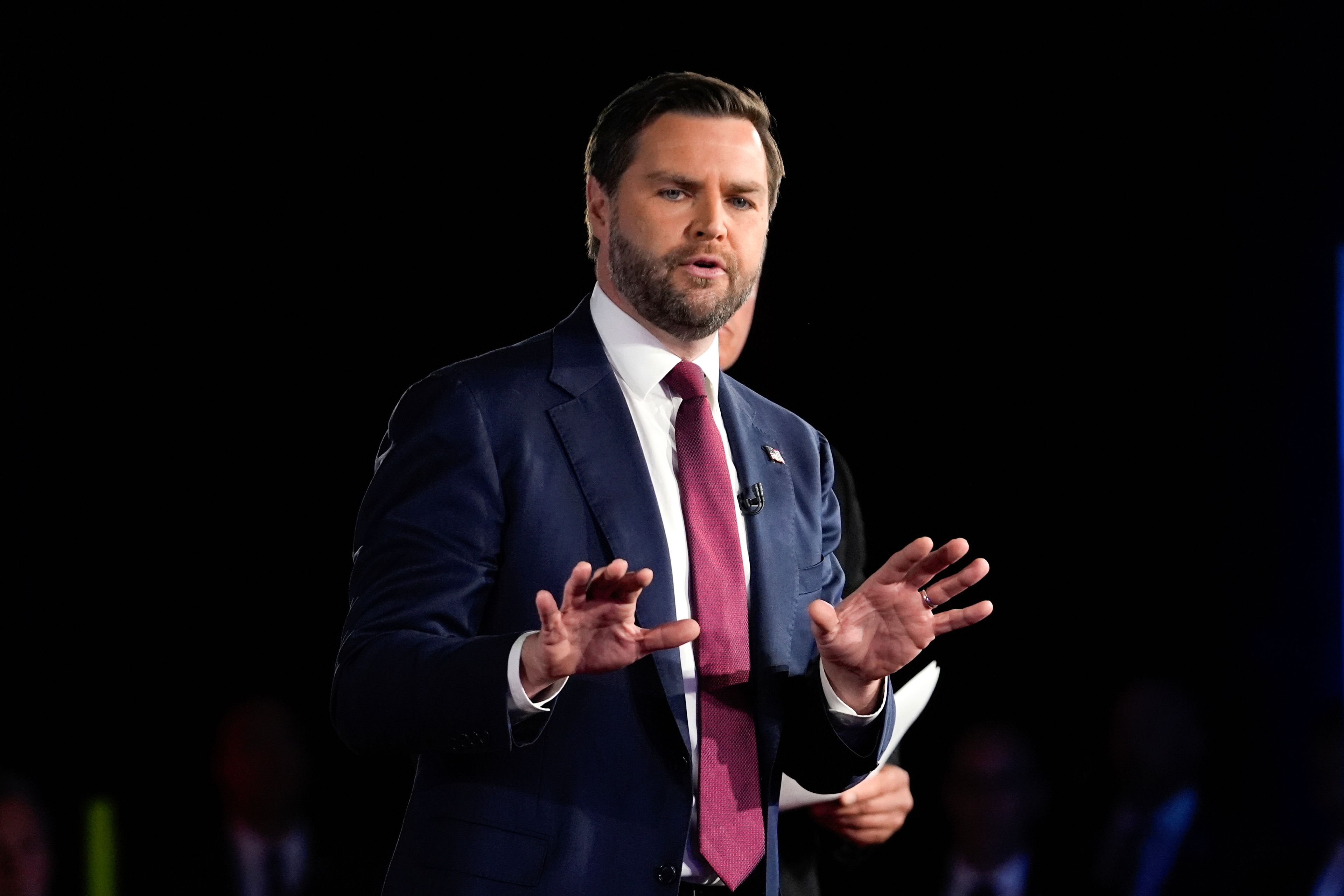 EMBARGOED UNTIL 8PM THURSDAY, OCT 24 Republican vice presidential nominee Sen. JD Vance, R-Ohio speaks during a NewsNation town hall event Thursday, Oct. 24, 2024, in Detroit. (AP Photo/Paul Sancya)