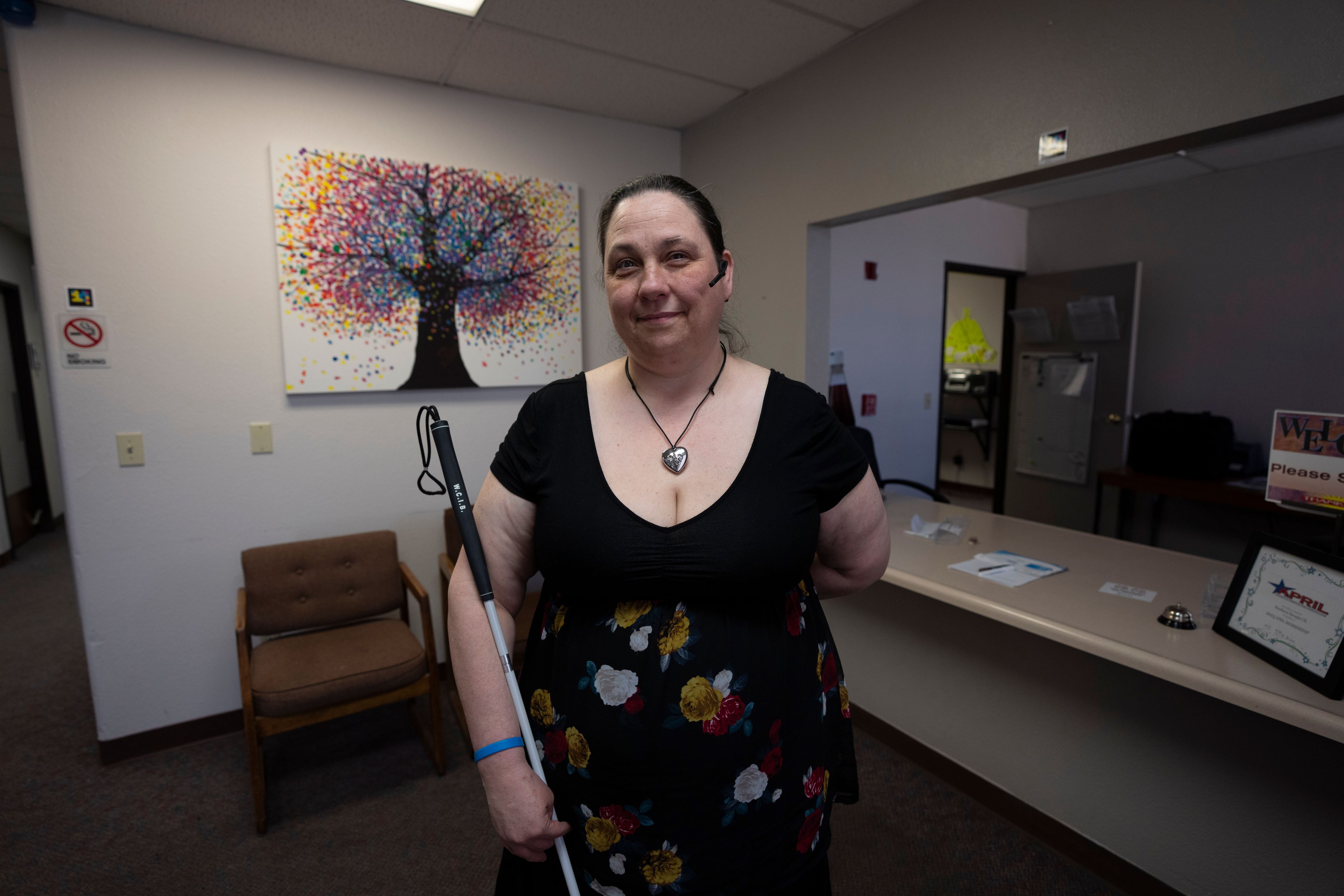 Ramona Coker poses for a portrait in Reno, Nev., Monday, May 13, 2024. Coker, who is blind, said she no longer needs help to vote and can cast a ballot on her phone, which is equipped with text-to-voice technology allowing her to follow audio prompts to make her selections. The use of electronic balloting has been quietly expanding in recent years to cover the disabled and, in Nevada this year, Native American tribes. Election security experts are warning of the risk that ballots submitted on a computer can be digitally intercepted or manipulated.