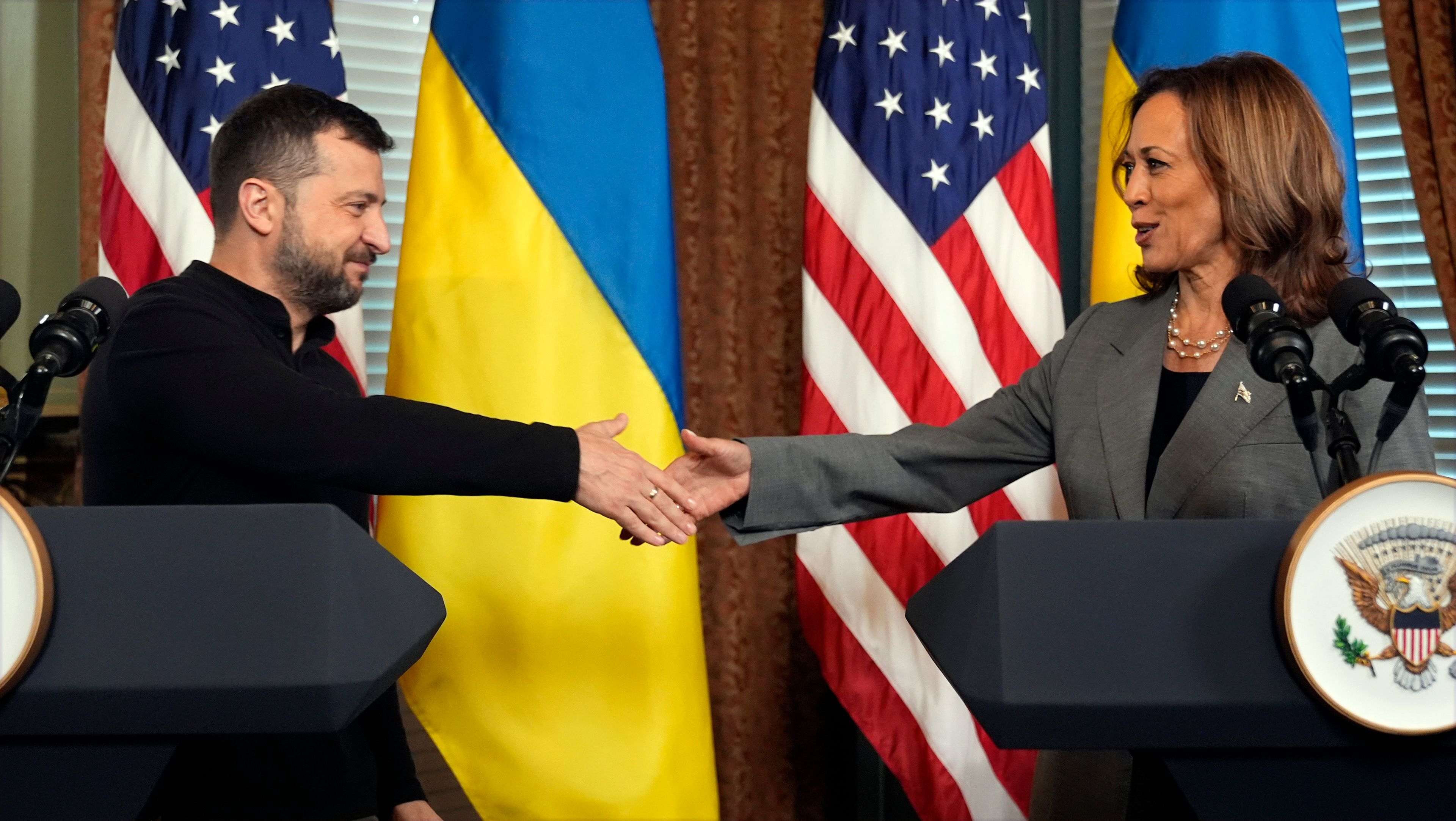 Vice President Kamala Harris meets with Ukraine's President Volodymyr Zelenskyy, Thursday, Sept. 26, 2024, in the vice president's ceremonial office inside the Eisenhower Executive Office Building on the White House complex in Washington. (AP Photo/Jacquelyn Martin)