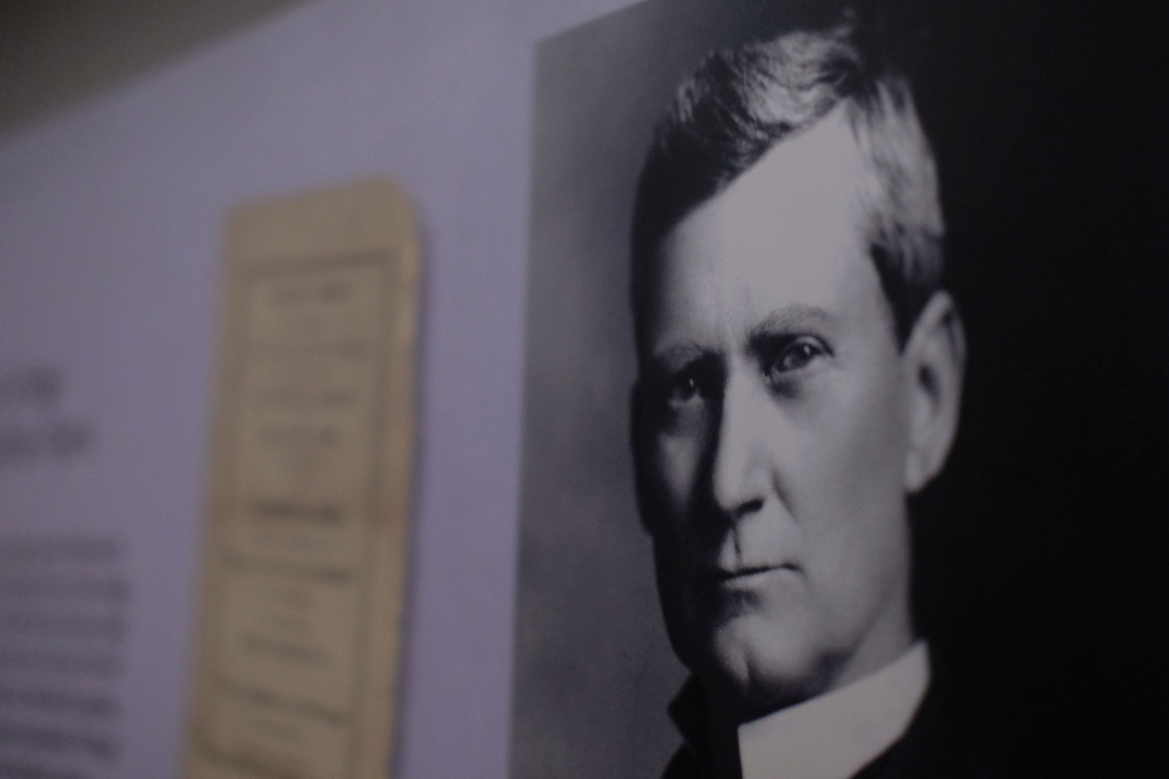 A photo of steamboat captain Tom Ryman is displayed at the Ryman Auditorium in Nashville, Tenn., on July 30, 2024.