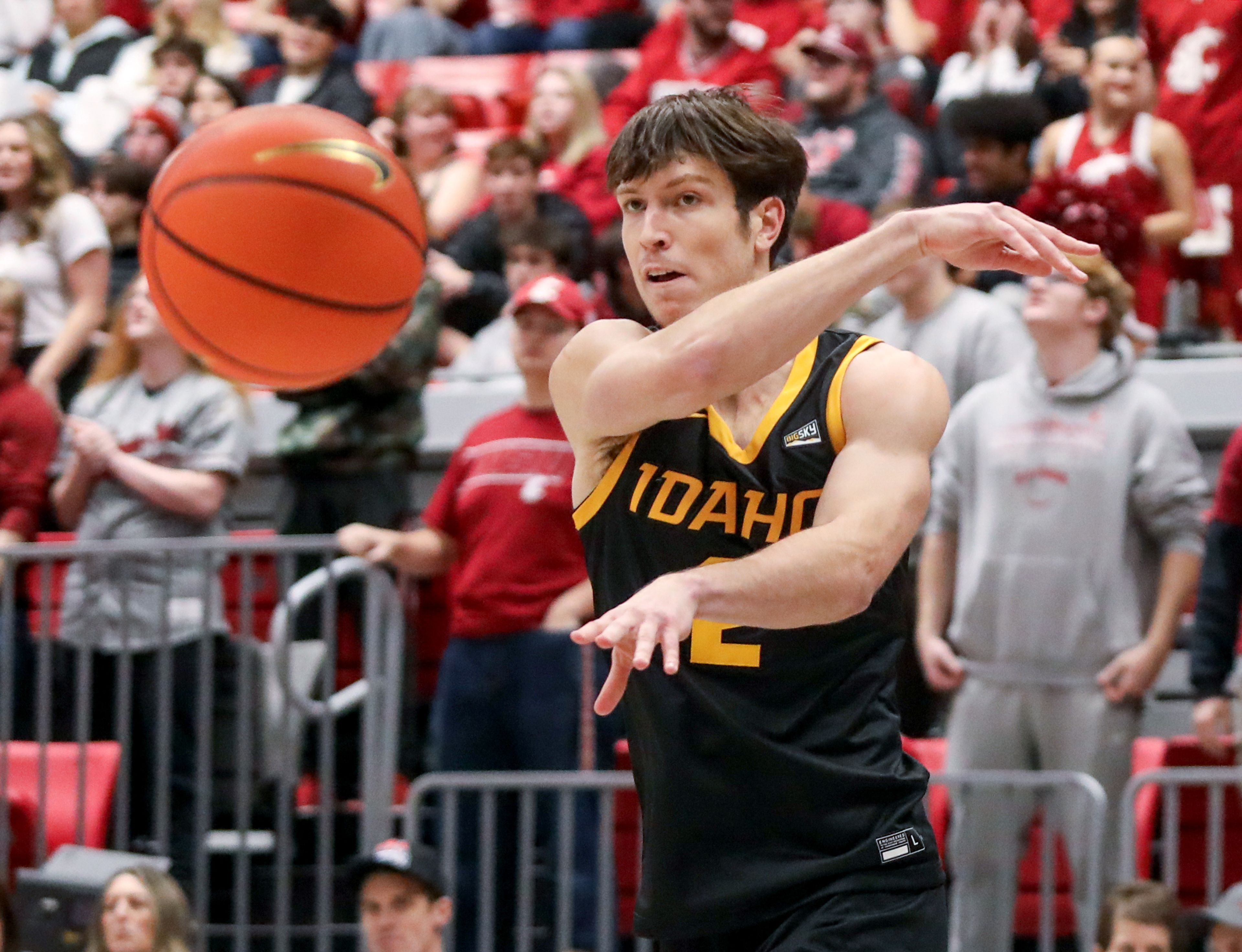 Idaho forward Tyler Mrus passes the ball during the Battle of the Palouse game against Washington State Monday at Beasley Coliseum in Pullman.