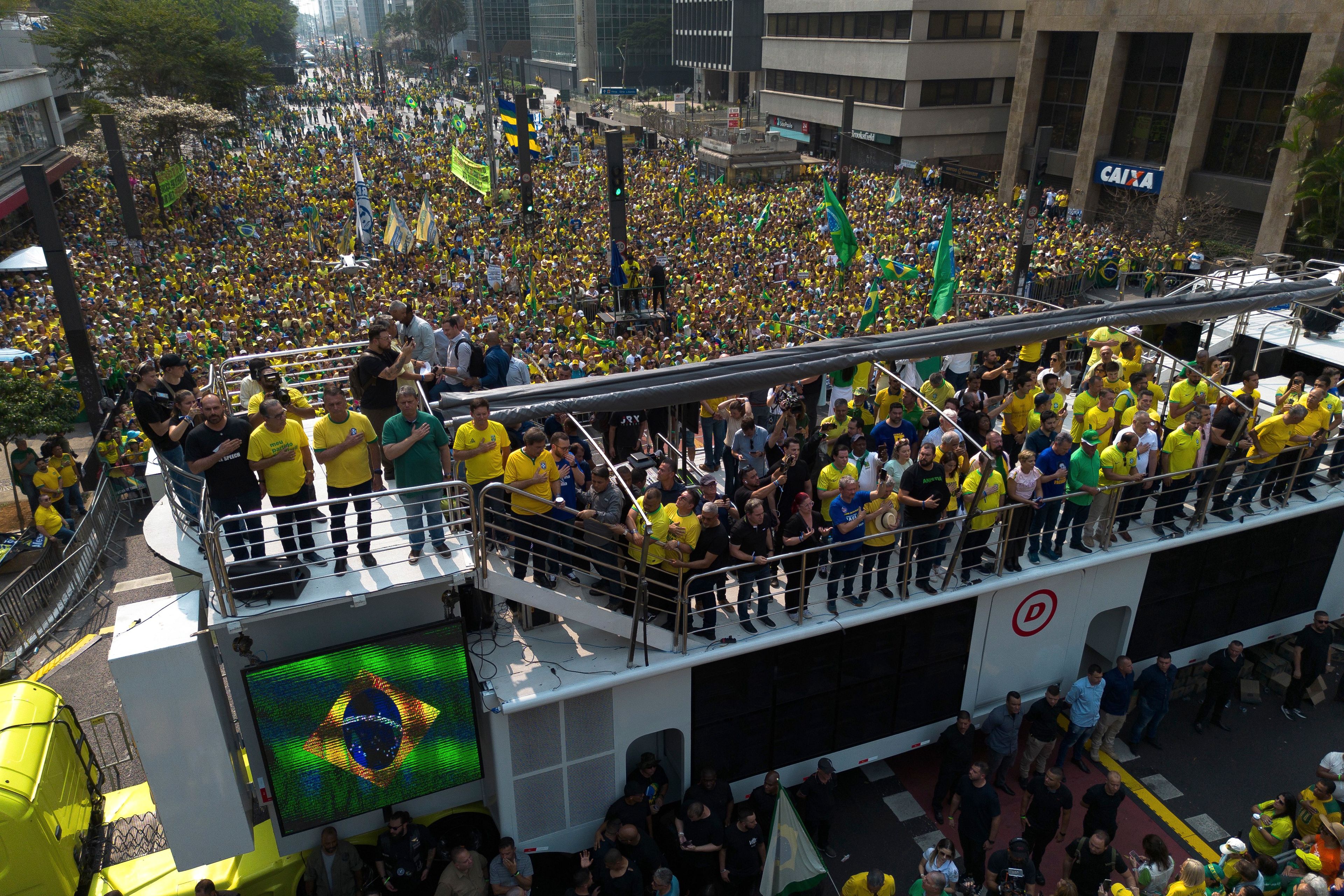 Demonstrators take part in a protest calling for the impeachment of Supreme Court Minister Alexandre de Moraes, who recently imposed a nationwide block on Elon Musk's social media platform X, in Sao Paulo, Saturday, Sept. 7, 2024.