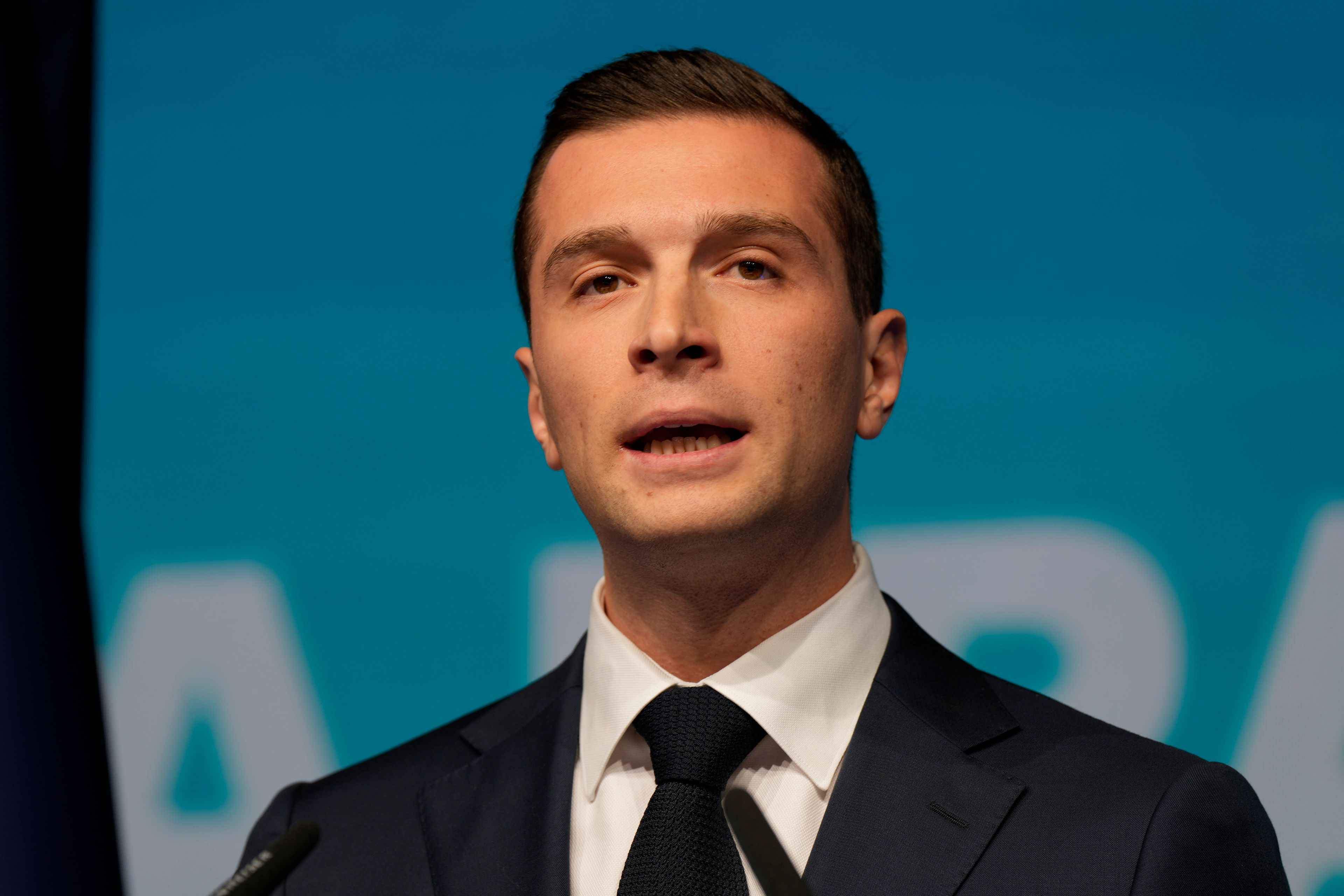 Far-right National Rally lead candidate Jordan Bardella delivers a speech at the party election night headquarters, Sunday, June 9, 2024 in Paris. First projected results from France put far-right National Rally party well ahead in EU elections, according to French opinion poll institutes.