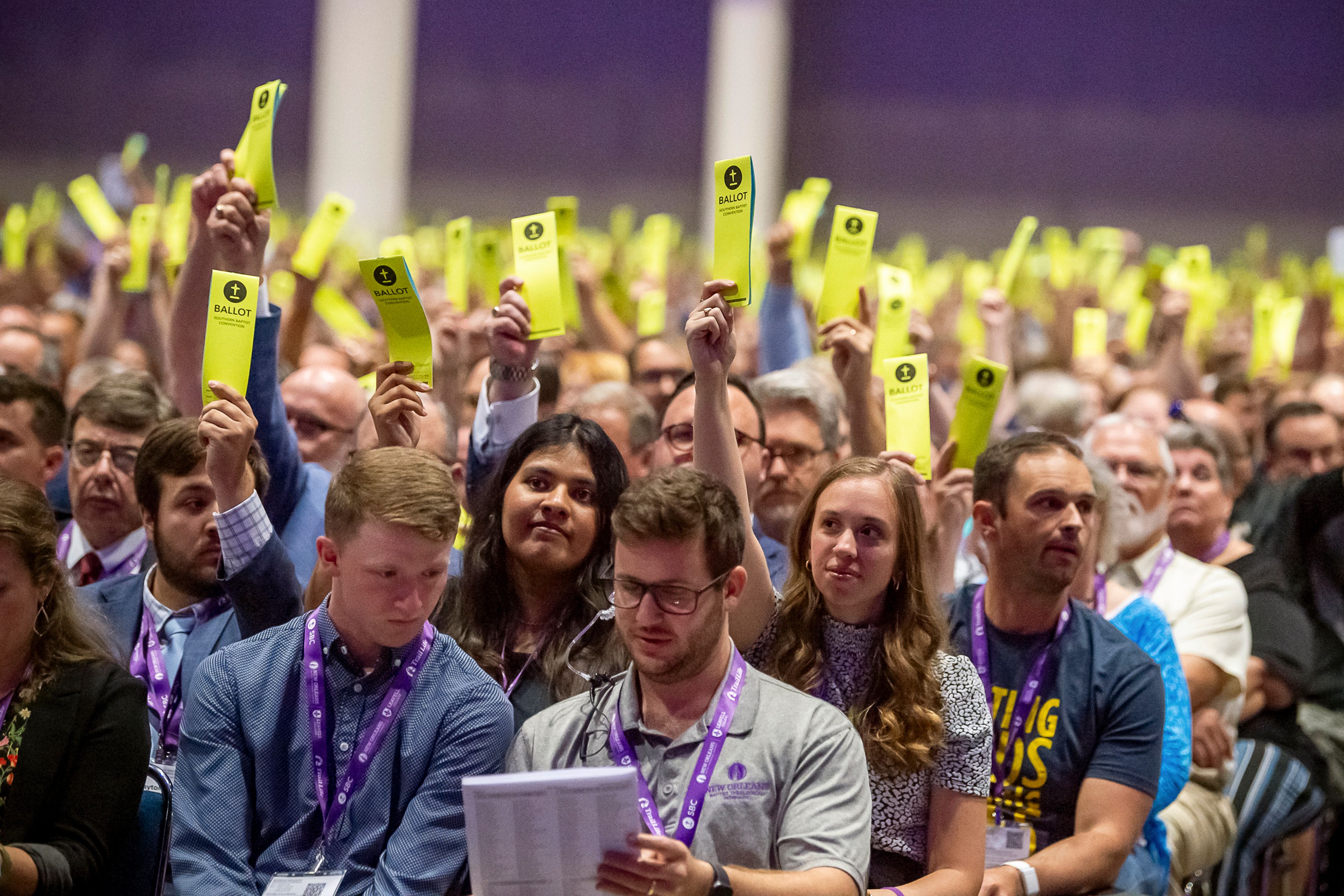 FILE - Delegates hold up their ballots at the Southern Baptist Convention at the New Orleans Ernest N. Morial Convention Center in New Orleans, Tuesday, June 13, 2023. Thousands will gather in Indianapolis, June 11-12, 2024, for the annual meeting of the Southern Baptist Convention.