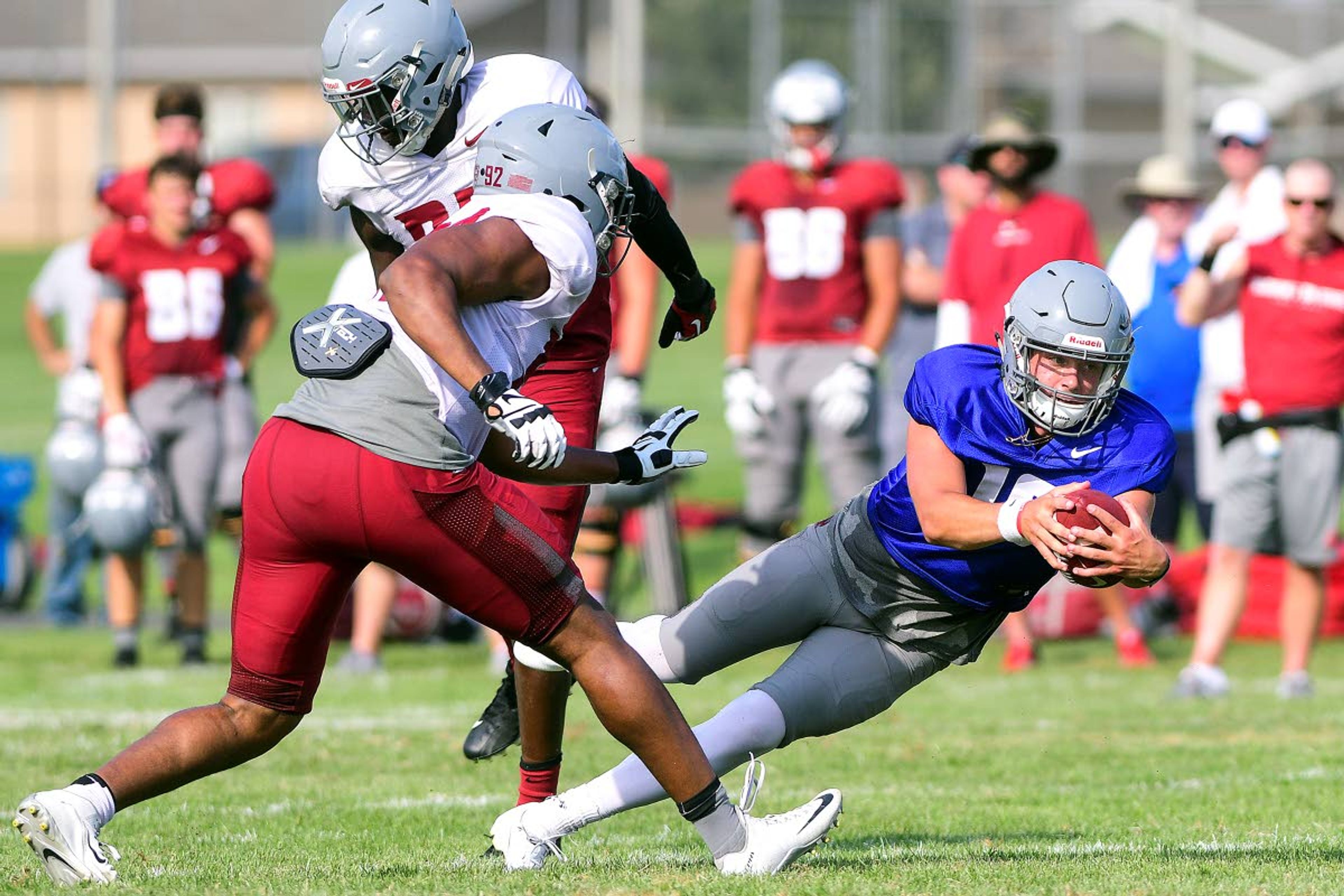 Washington State quarterback Anthony Gordon dives for extra yardage as defenders Willie Taylor III (27) and Will Rodgers III avoid touching him during team drills on Tuesday in Lewiston.