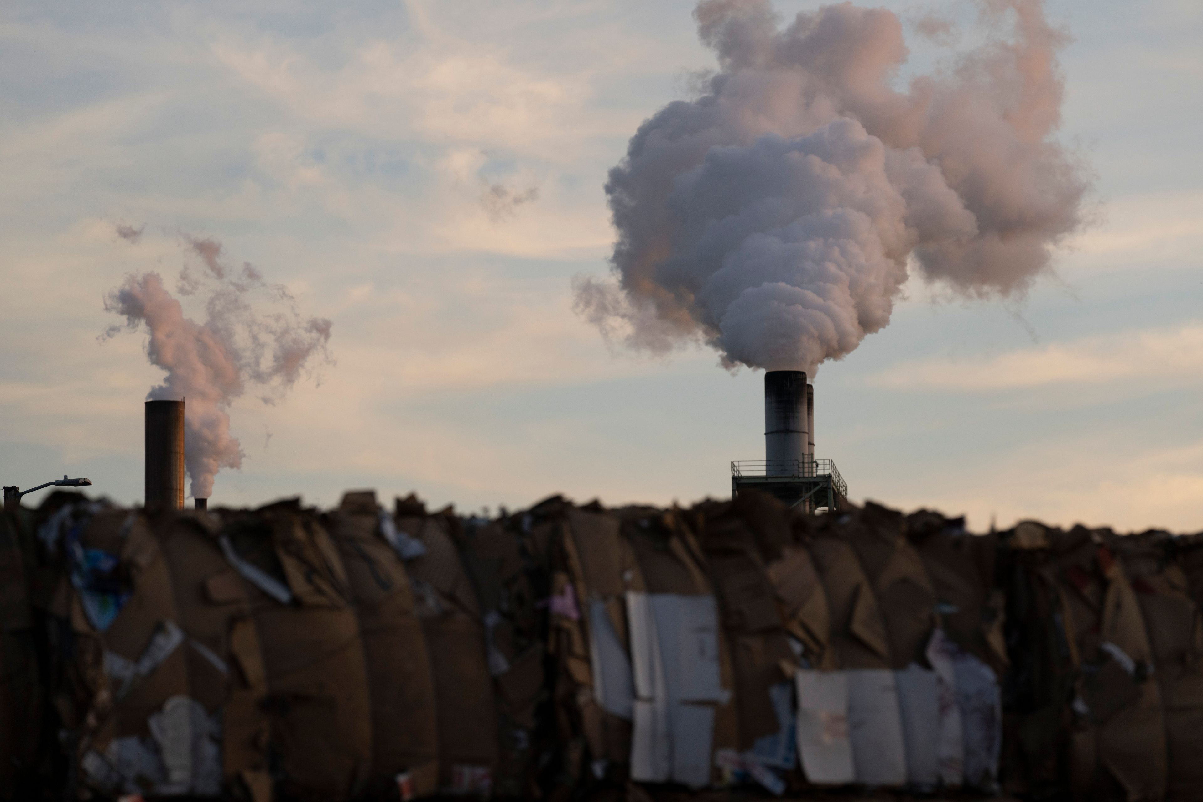 FILE - Steam is seen at the Longview WestRock mill, which makes cardboard materials including container board and corrugated containers, March 14, 2024, in Longview, Wash. (AP Photo/Jenny Kane, File)