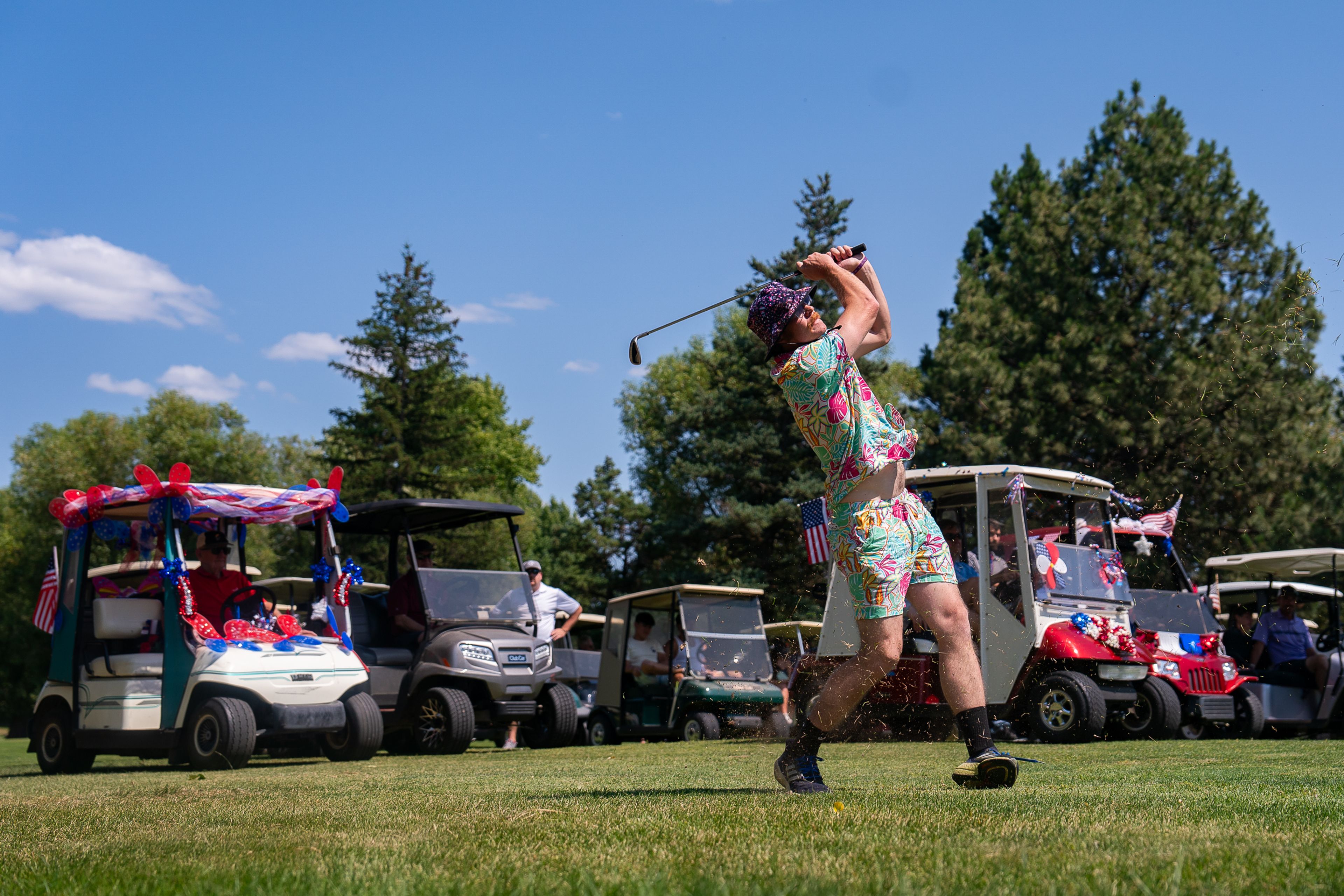 Brock Pederson hits the golf ball during the 74th annual Moscow Elks Sole Survivor golf tournament on Tuesday.