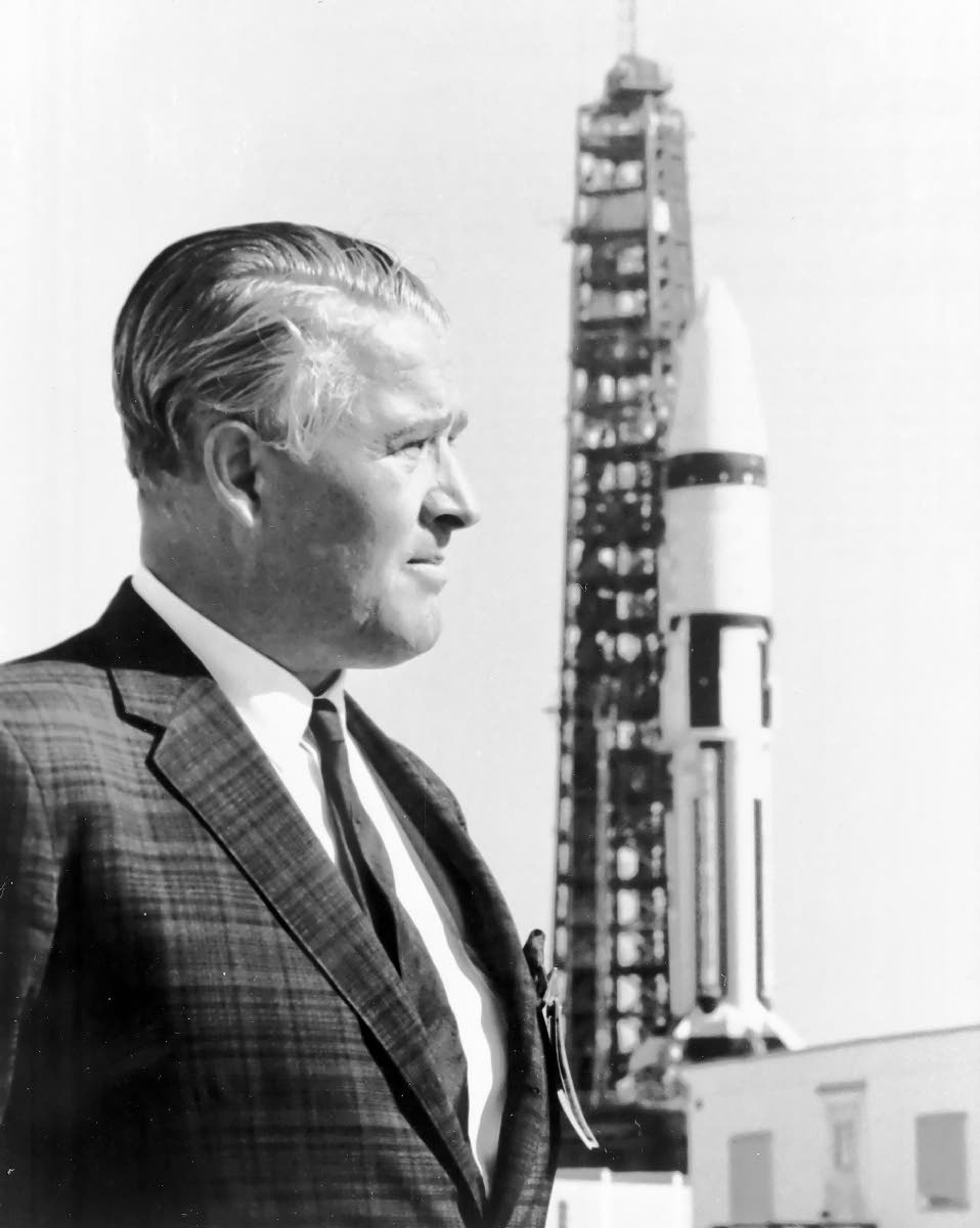 Wernher von Braun was one of hundreds of German scientists, engineers and technicians who were brought to America after World War II. They helped jump-start America’s ballistic missile program, as well as the Apollo rocket program. Von Braun is pictured here with an early version of the Saturn rocket.