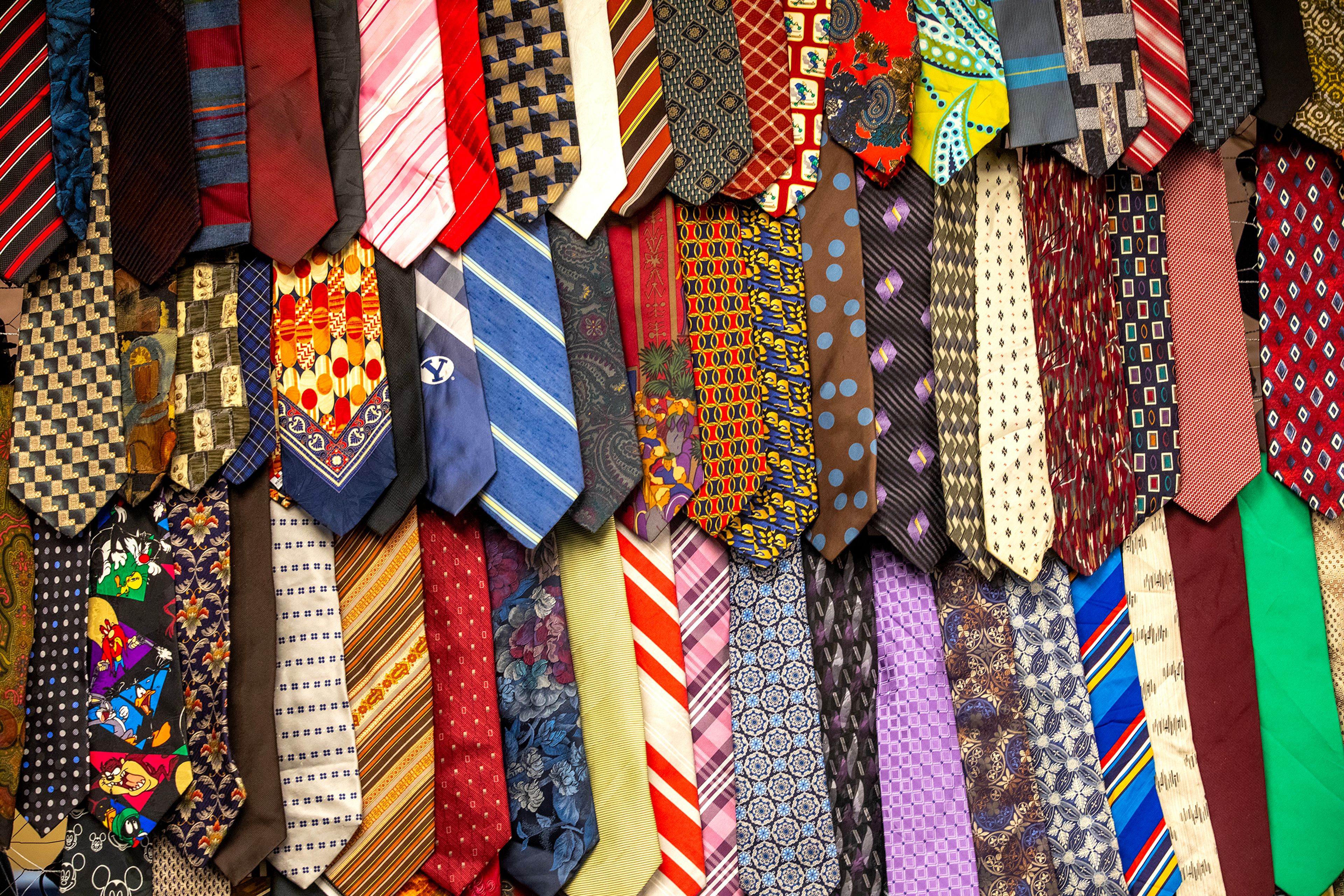 A tie for every occasion hangs on the wall at Storm Cellar during Plaid Friday in Lewiston.