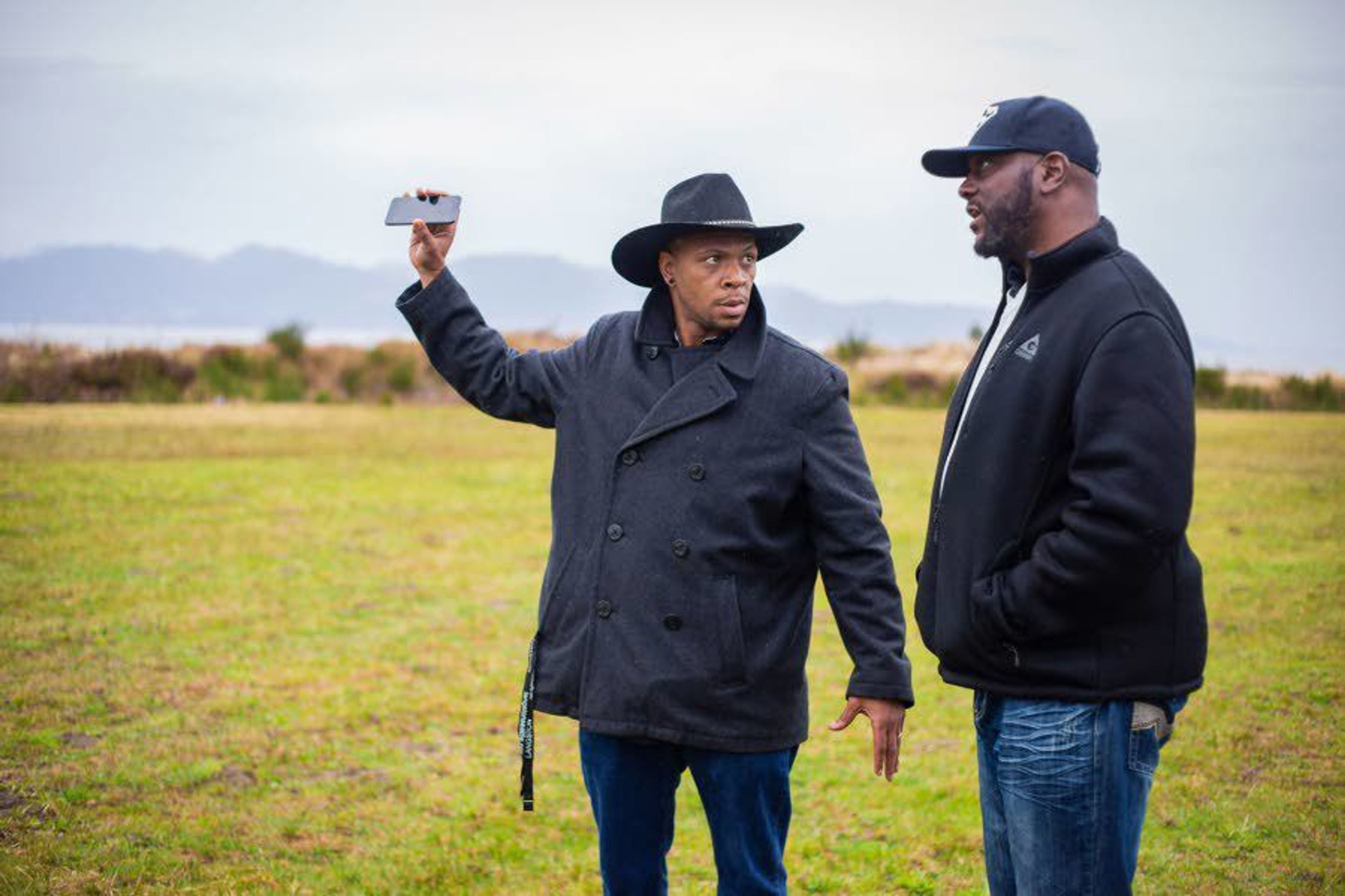 Co-directors Dru-Holley (left) and Jerry Bell Jr., scout locations for “Buffalo Soldiers of the Pacific Northwest.”