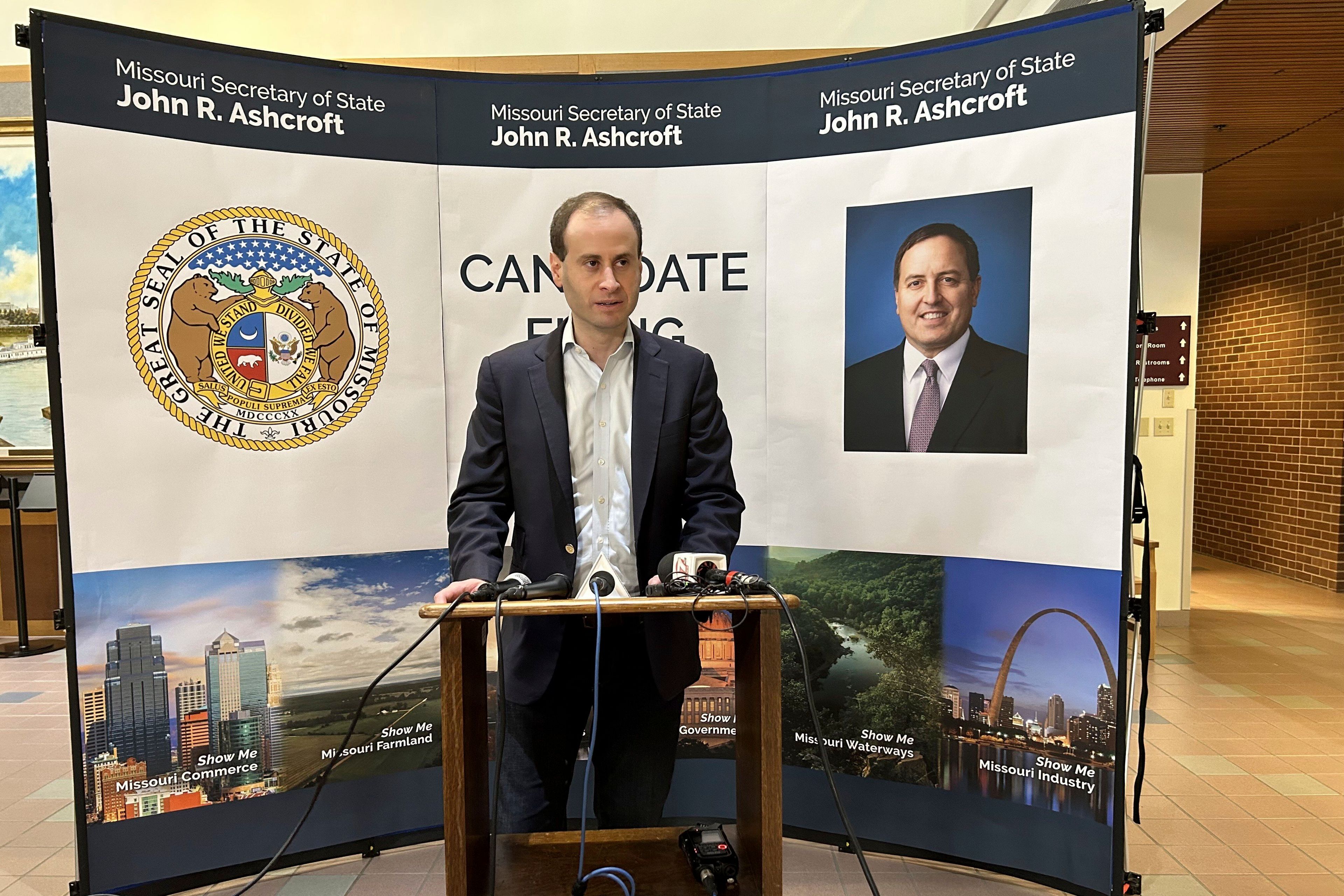 FILE - In this Tuesday, Feb. 27, 2024 photo, Will Scharf speaks at the James C. Kirkpatrick State Information Center in Jefferson City, Mo. Scharf is seeking the Republican nomination for attorney general.