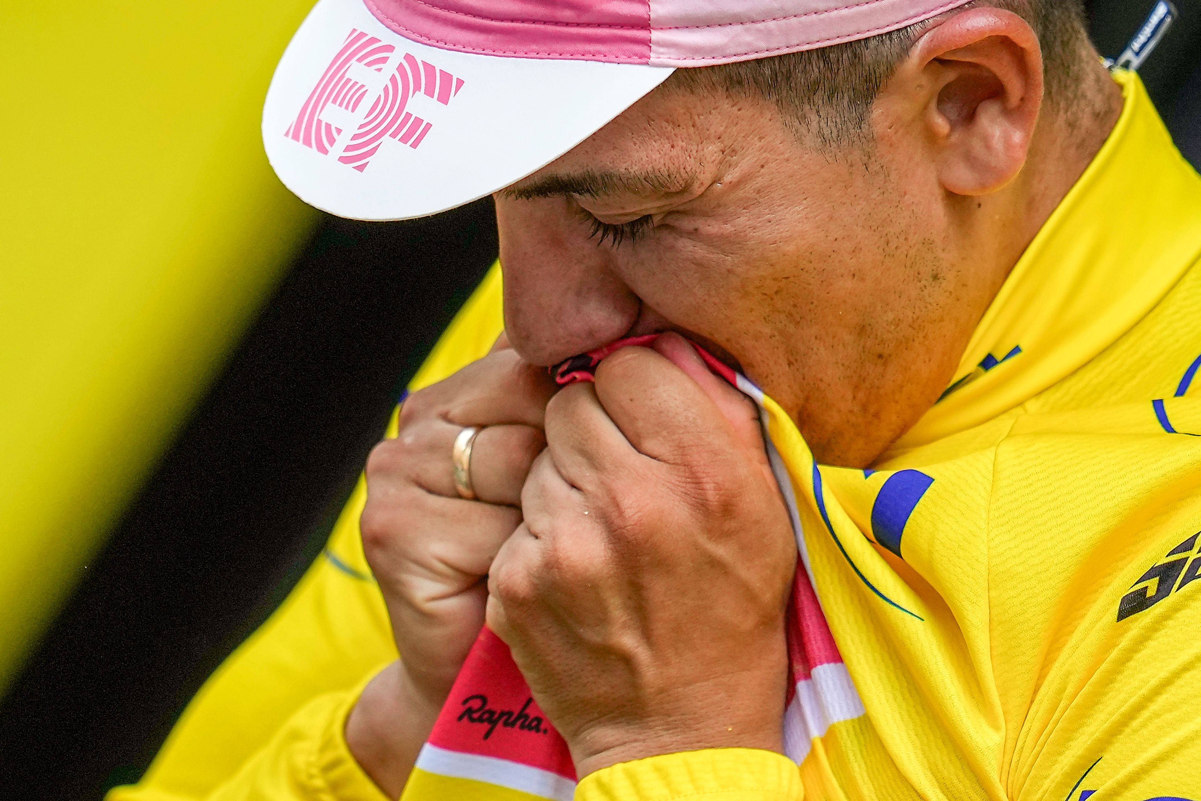 EF Education–EasyPost’s Richard Carapaz, of Ecuador, kisses the yellow jersey after the third stage of the Tour de France over 230.8 kilometers with start in Piacenza and finish in Turin, Italy, Monday, July 1, 2024. The yellow jersey, called the maillot jaune, denotes the leader of the race, or the rider with the lowest overall time. (AP Photo/Daniel Cole)