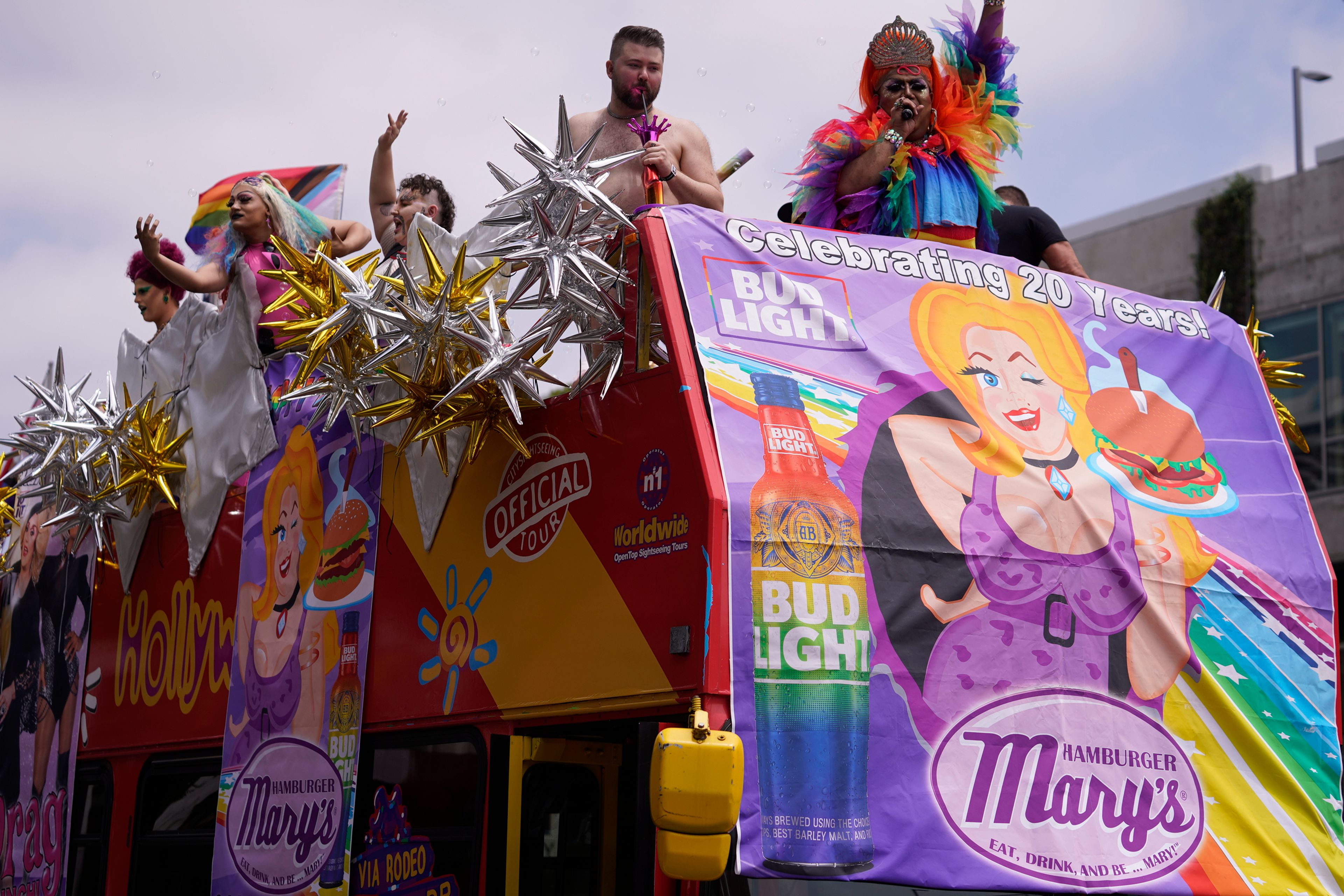 The Hamburger Mary's Bar & Grille parade entry shows a banner advertising Bud Light beer at the WeHo Pride Parade in West Hollywood, Calif., on Sunday, June 4, 2023. (AP Photo/Damian Dovarganes)