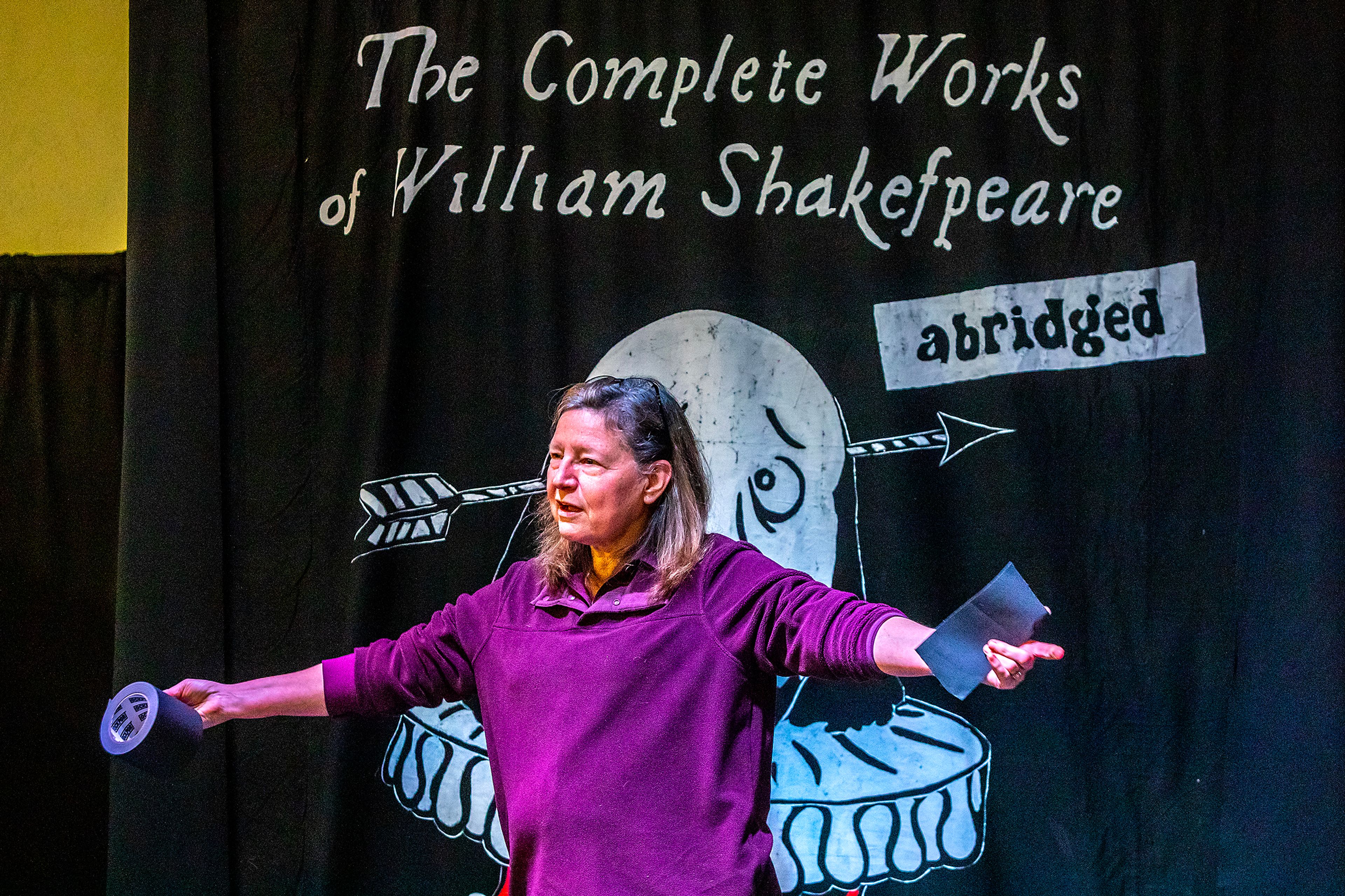 Director Beth Atkinson talks to her cast as she places marks on the stage during a rehearsal for “The Complete Works of William Shakespeare (Abridged)” Thursday last week at Lindsay Creek Vineyards in Lewiston.