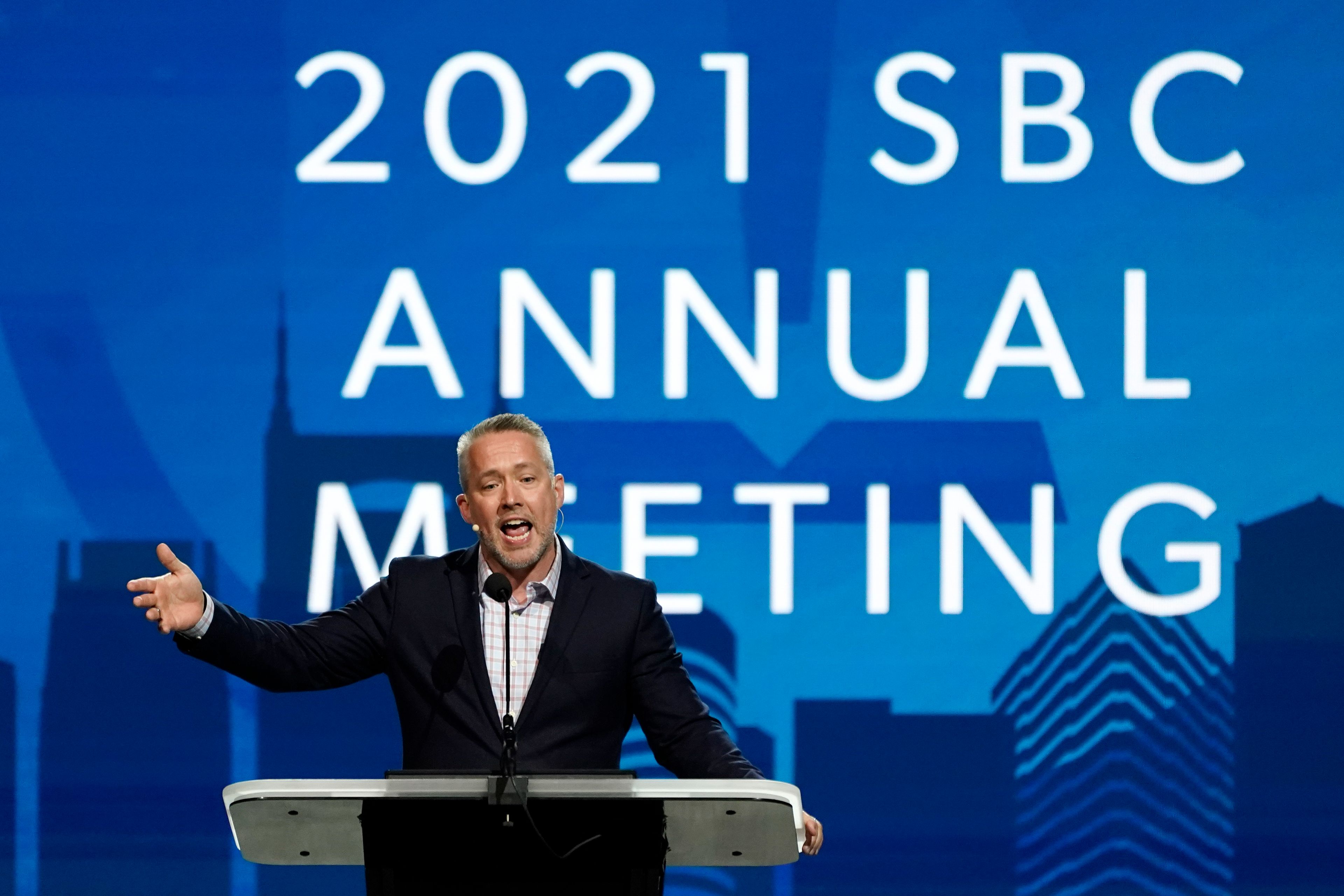 FILE - Southern Baptist Convention President J. D. Greear speaks during the denomination's annual meeting Tuesday, June 15, 2021, in Nashville, Tenn. Southern Baptists gathering at their next annual meeting June 11-12, 2024, in Indianapolis will vote on whether to enact a constitutional ban on churches with women pastors.