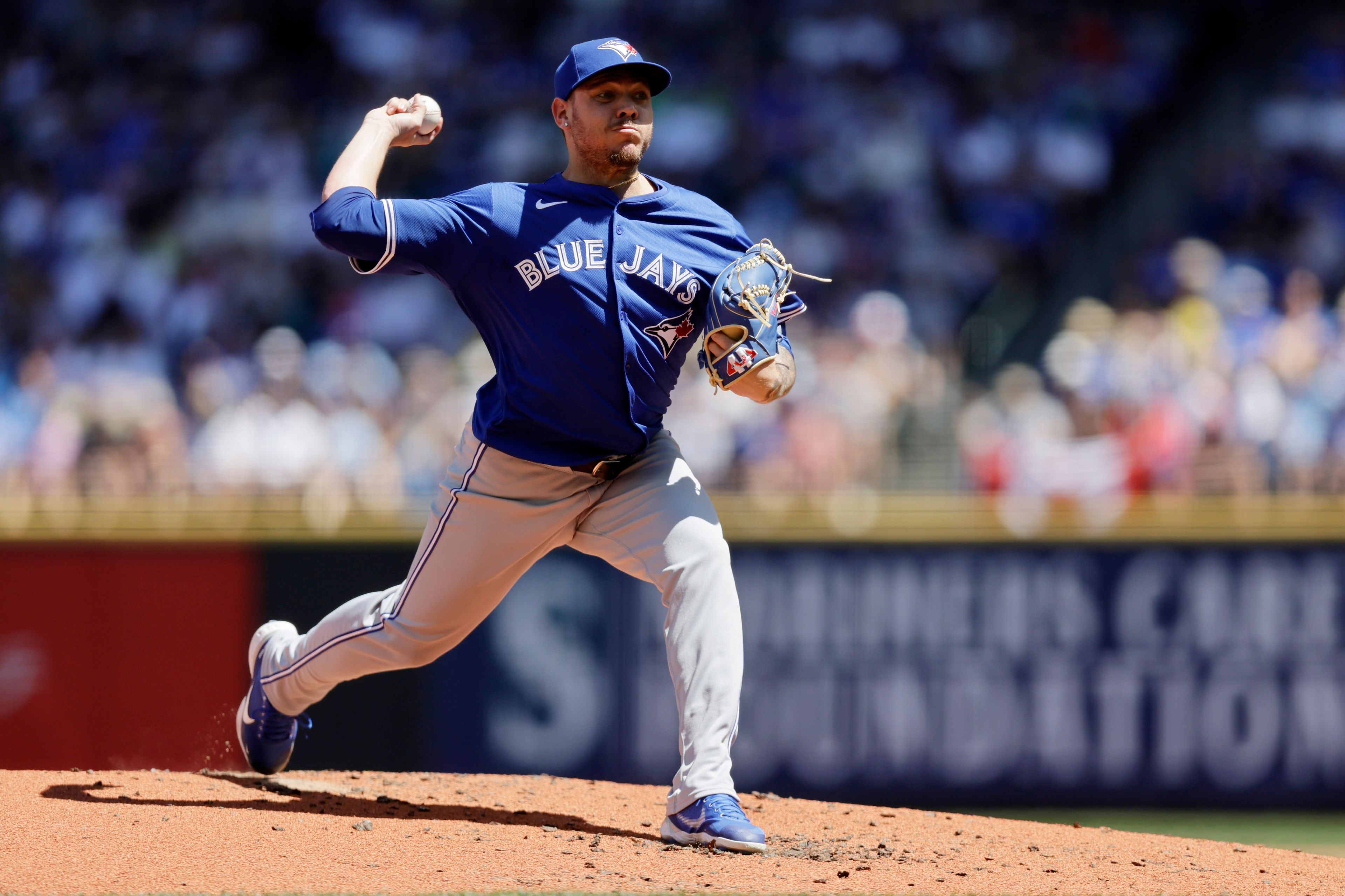 Toronto Blue Jays starting pitcher Yariel RodrÃ­guez throws against the Seattle Mariners during the second inning in a baseball game, Saturday, July 6, 2024, in Seattle. (AP Photo/John Froschauer)