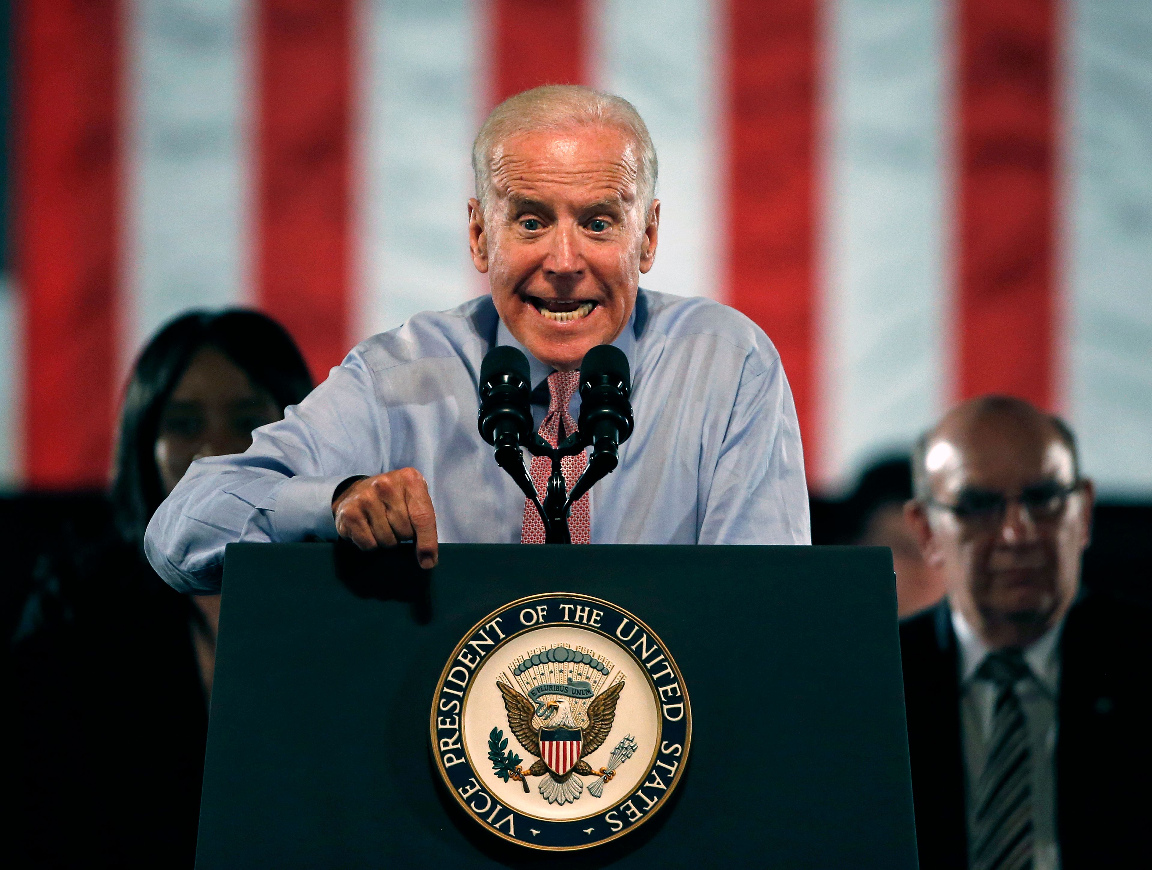 FILE - Vice President Joe Biden, shouting "'no means no," speaks at a rape-awarness event at the University of Colorado, in Boulder, Colo., Friday, April 8, 2016. Biden made an impassioned plea for college students to help change the culture on their campus as part of a national effort to address violence against women. (AP Photo/Brennan Linsley, File)