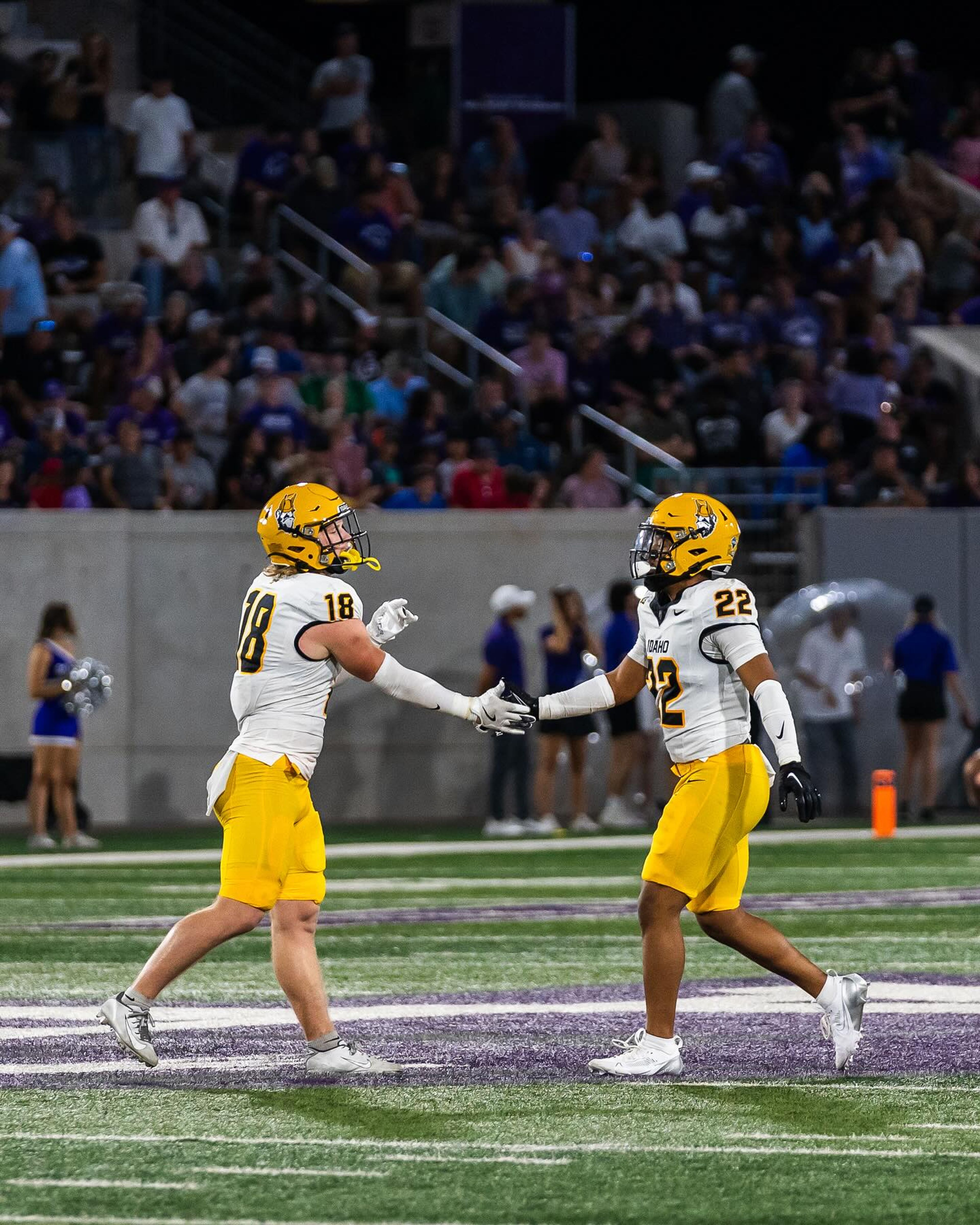 Idaho safety Tommy McCormick (18) slaps hands with teammate Dwayne McDougle during a game against Abilene Christian on Sept. 21 in Abilene, Texas.