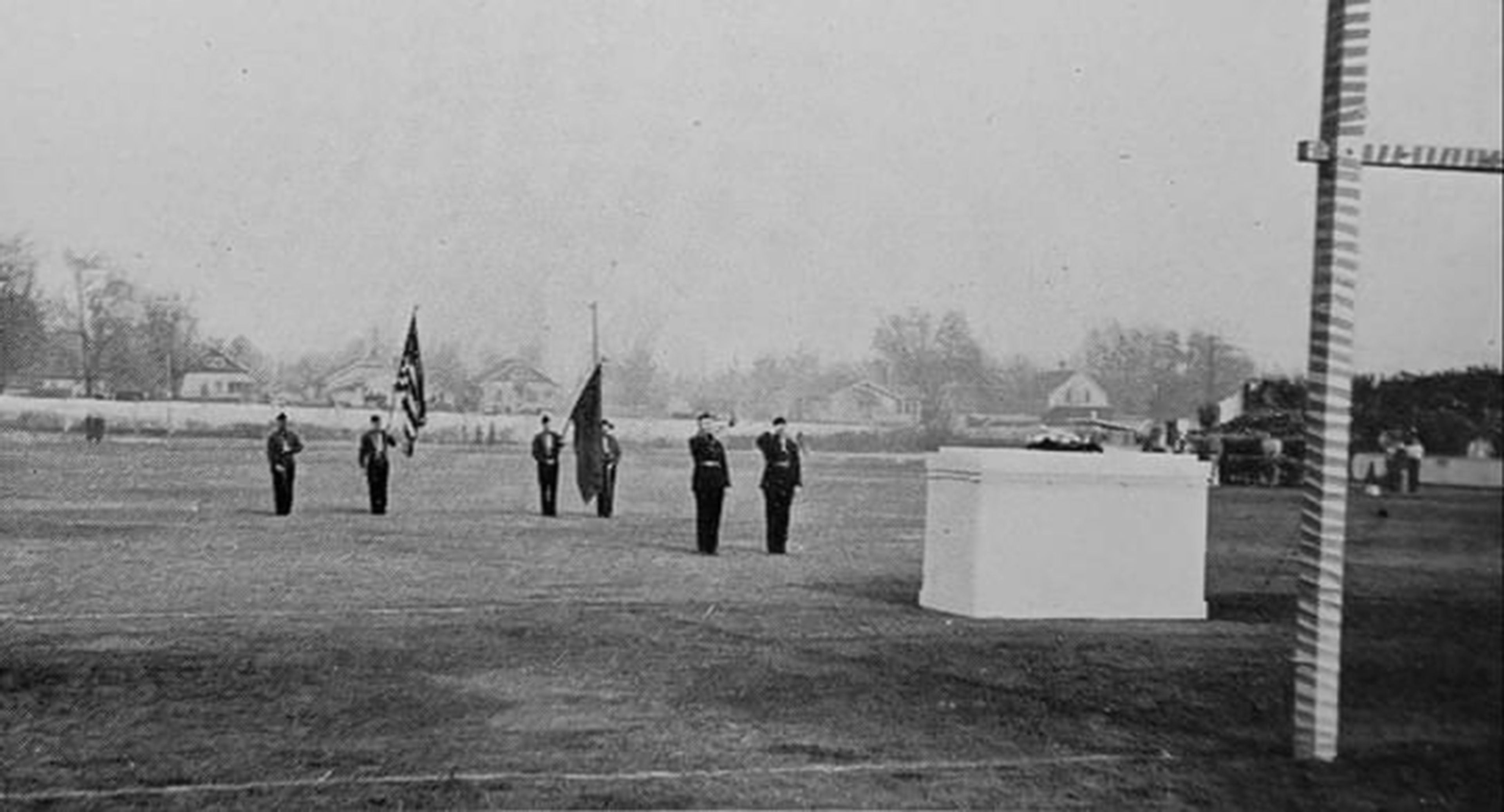 Pregame honors take place at the Nov. 11, 1936, Armistice Day football game at Bengal Field.