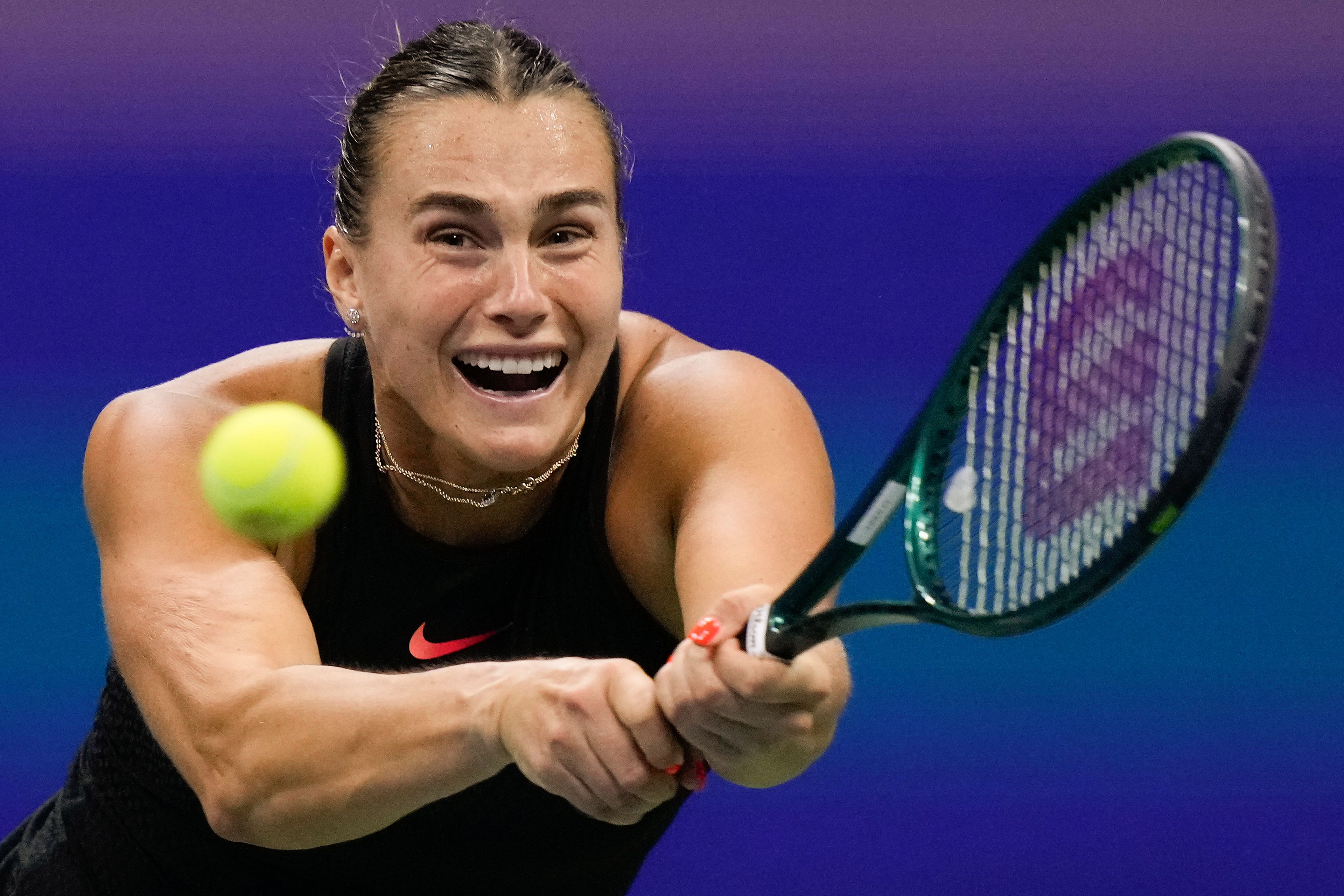 Aryna Sabalenka, of Belarus, returns a shot to Emma Navarro, of the United States, during the women's singles semifinals of the U.S. Open tennis championships, Thursday, Sept. 5, 2024, in New York.