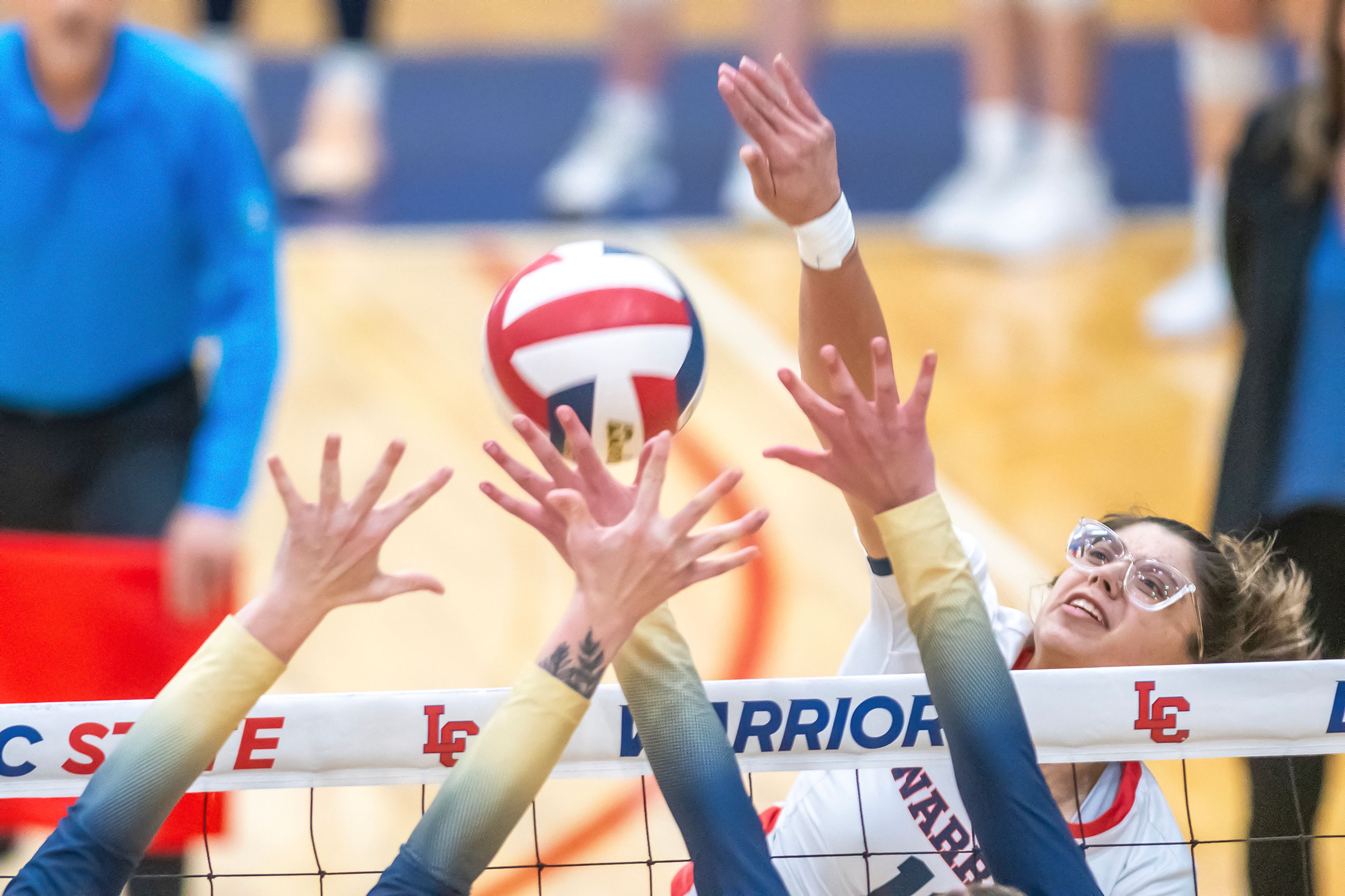 Lewis-Clark State outside hitter Juliauna Forgach Aguilar spikes the ball against Oregon Tech during a Cascade Conference Tournament play-in match Tuesday at Lewis-Clark State College.