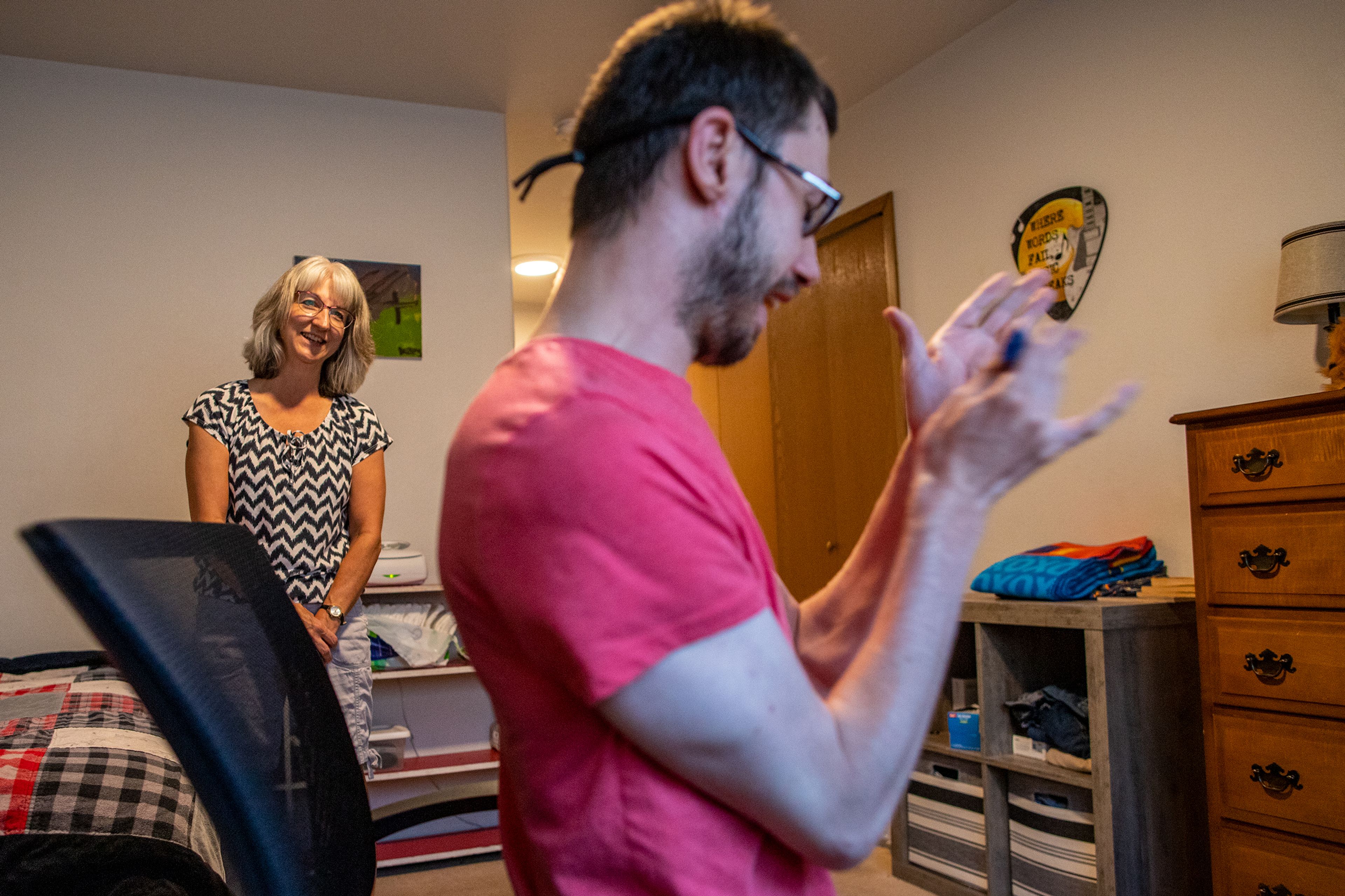 Stephanie Beehner shares a laugh with her son Kees, 28, after he jokingly referred to a friend of his as a “chicken nugget” at Kees’s support living resident in Lewiston on Sept. 21. Calling a person a chicken nugget is Kees’s favorite title to bestow.