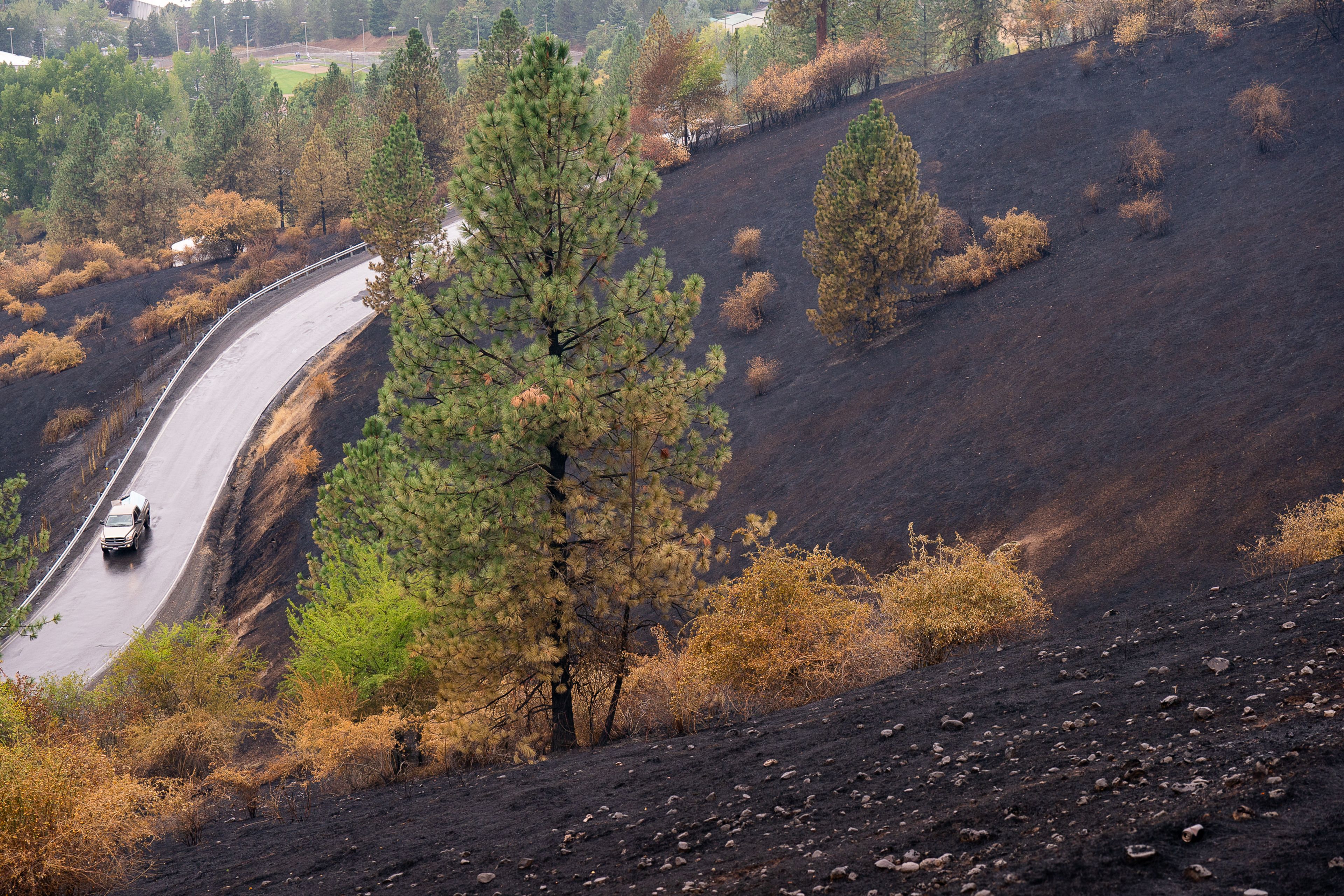 A truck drives down Dent Bridge Road in Orofino on Wednesday following the hospital fire that damaged six homes the previous night.