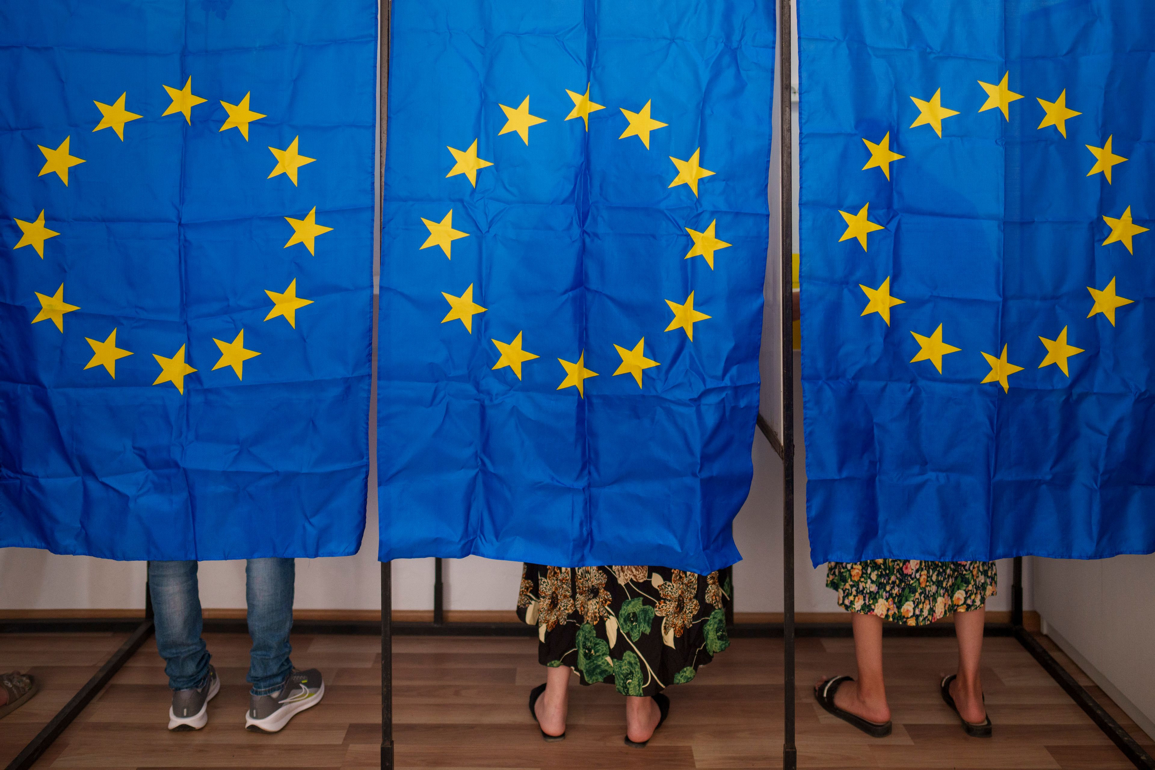 People vote in European and local elections in Baleni, Romania, Sunday, June 9, 2024. Voters across the European Union are going to the polls on the final day of voting for the European parliamentary elections to choose their representatives for the next five-year term.