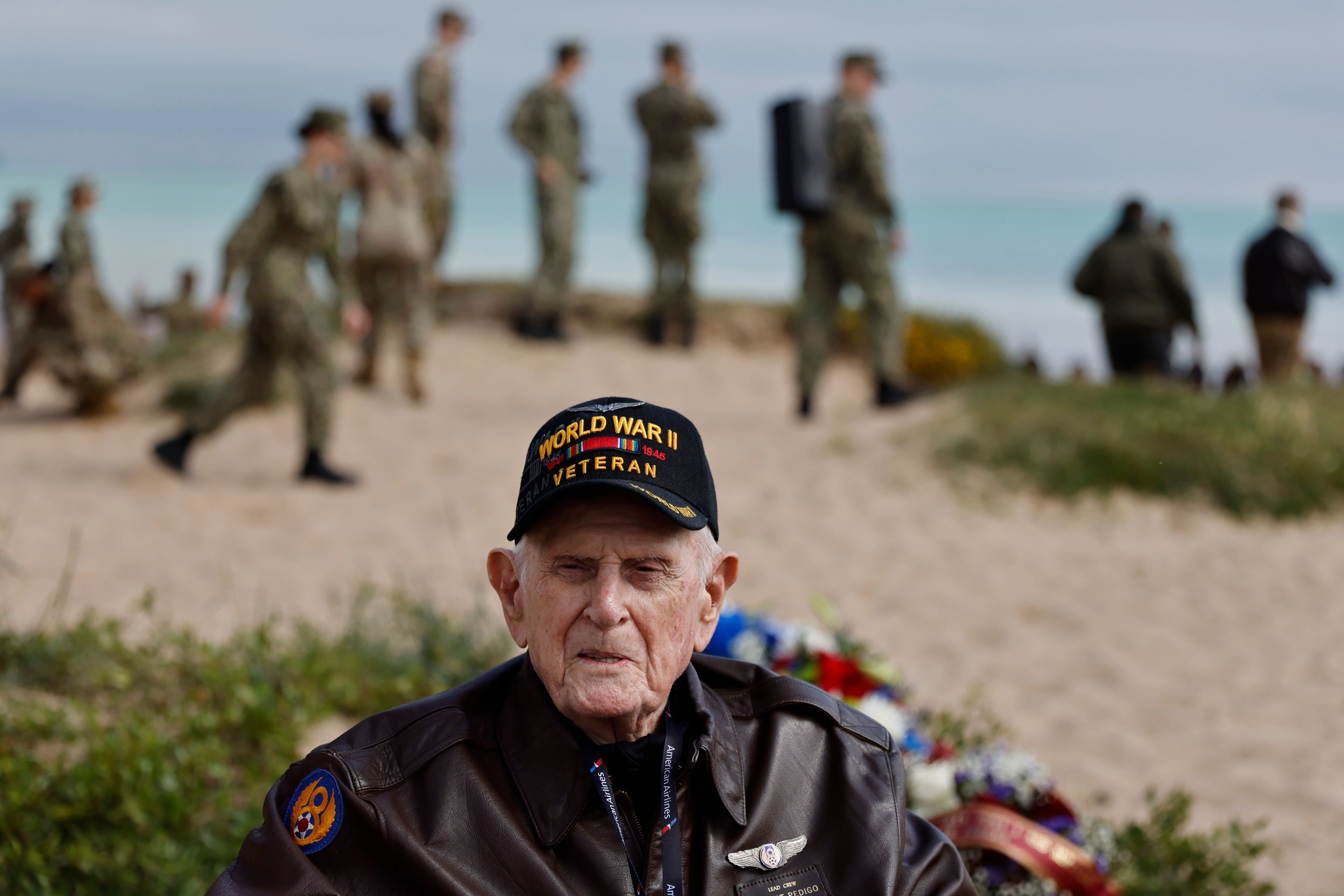 D-Day veteran Bob Pedigo attends a ceremony on Omaha Beach, Tuesday, June 4, 2024 in Normandy. World War II veterans from across the United States as well as Britain and Canada are in Normandy this week to mark 80 years since the D-Day landings that helped lead to Hitler's defeat. (AP Photo/Jeremias Gonzalez)