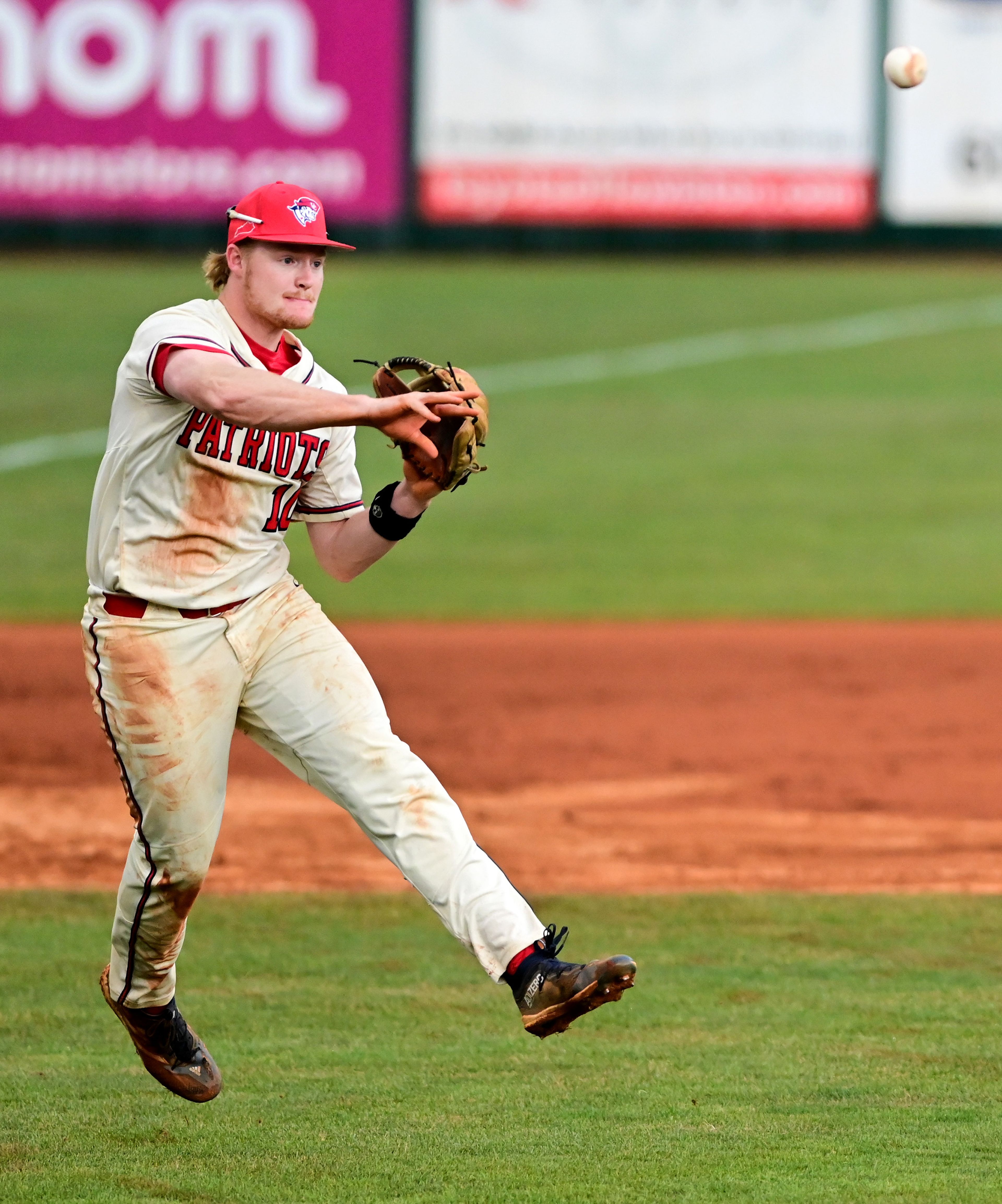 Cumberlands infielder Caden Petrey jumps to throw the ball to first base during a game against Tennessee Wesleyan on the opening day of the NAIA World Series at Harris Field in Lewiston on Friday.