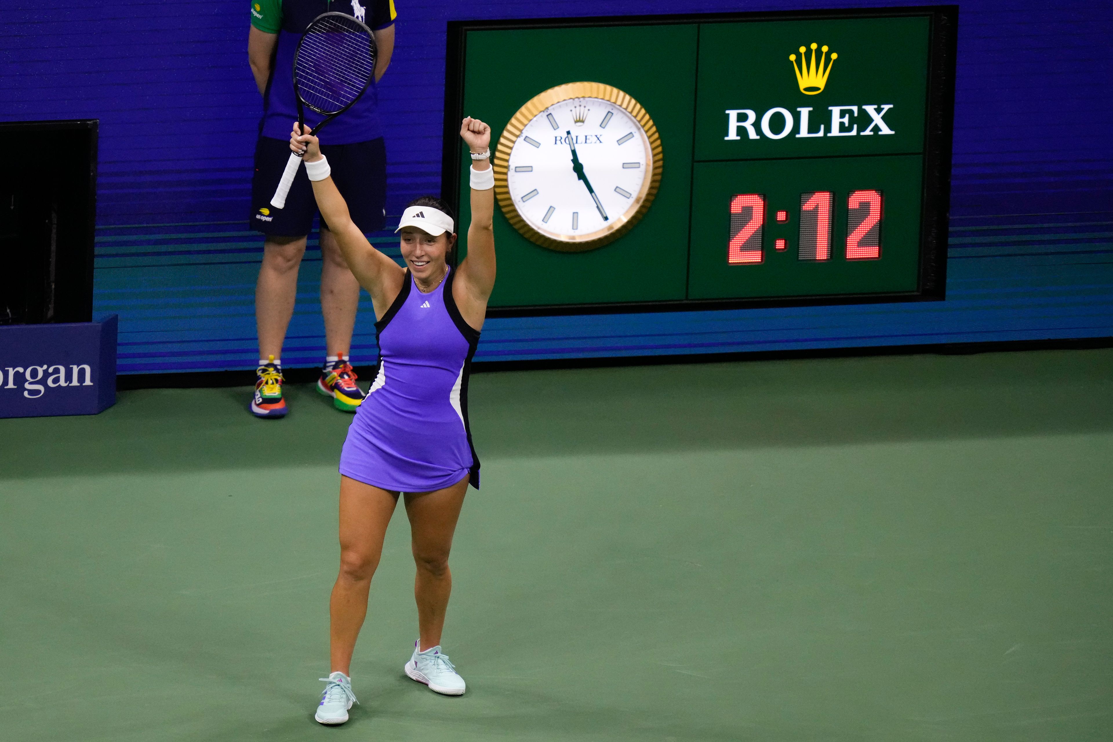 Jessica Pegula, of the United States, reacts after defeating Karolina Muchova, of the Czech Republic, during the women's singles semifinals of the U.S. Open tennis championships, Thursday, Sept. 5, 2024, in New York.