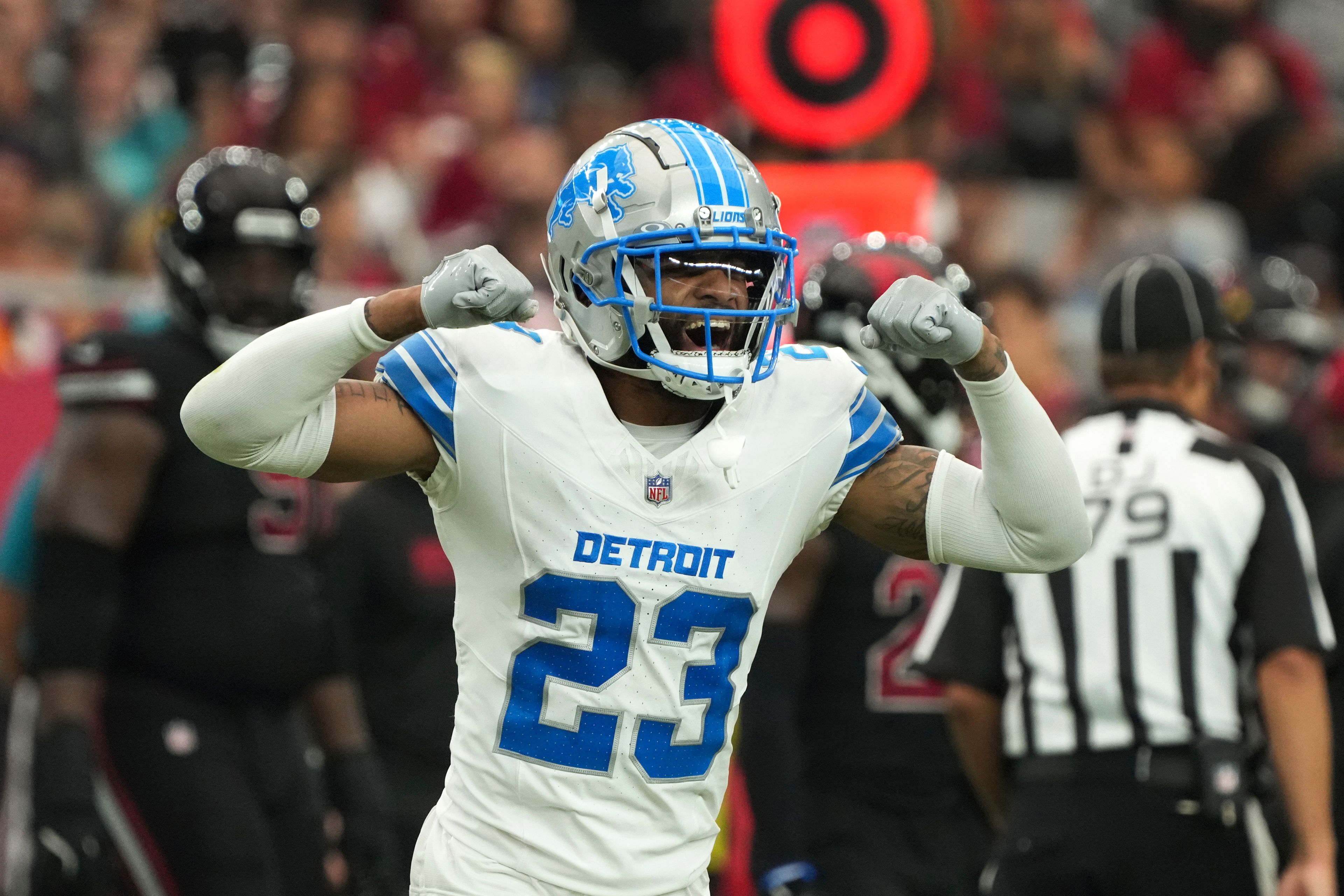 Detroit Lions cornerback Carlton Davis III (23) reacts against the Arizona Cardinals during the second half of an NFL football game Sunday, Sept. 22, 2024, in Glendale, Ariz. (AP Photo/Rick Scuteri)