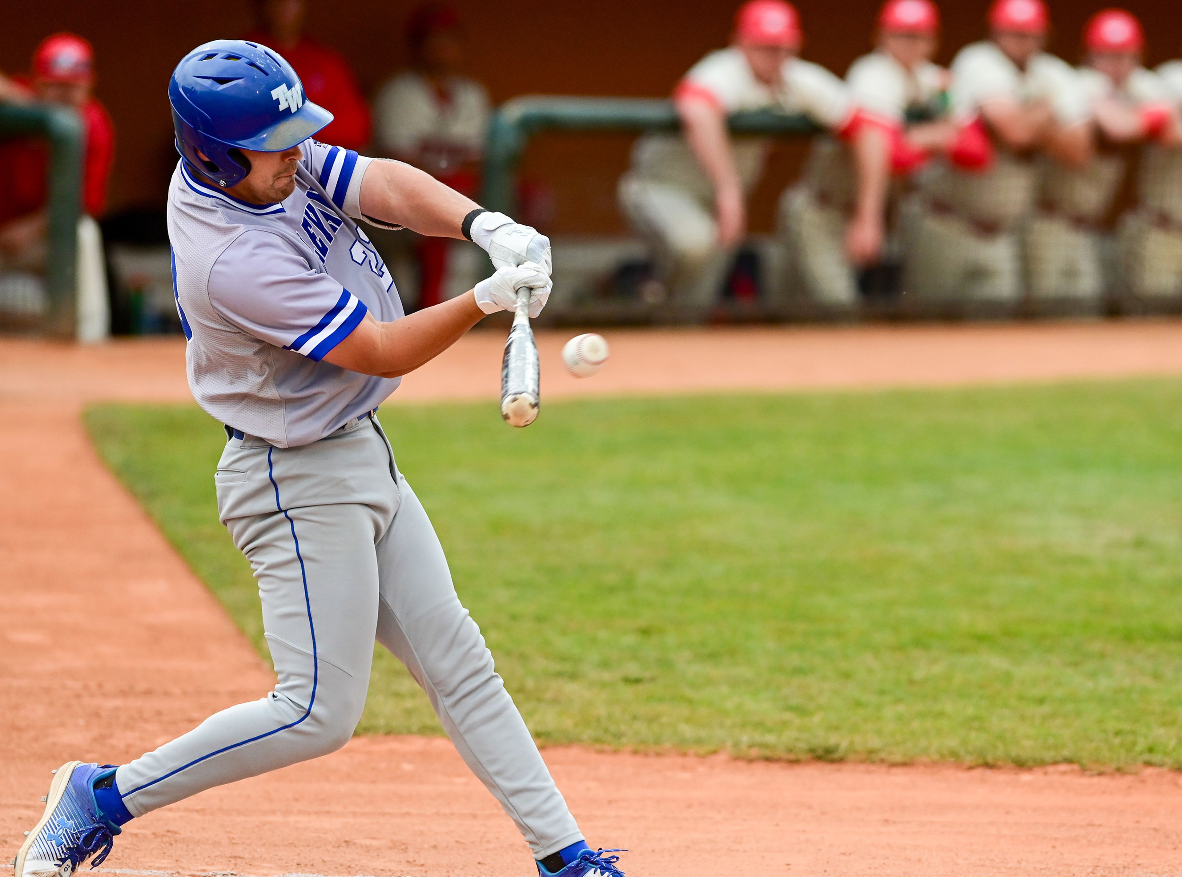 Tennessee Wesleyan’s Jack Stevens makes contact with a pitch from the Cumberlands on the opening day of the NAIA World Series at Harris Field in Lewiston on Friday.