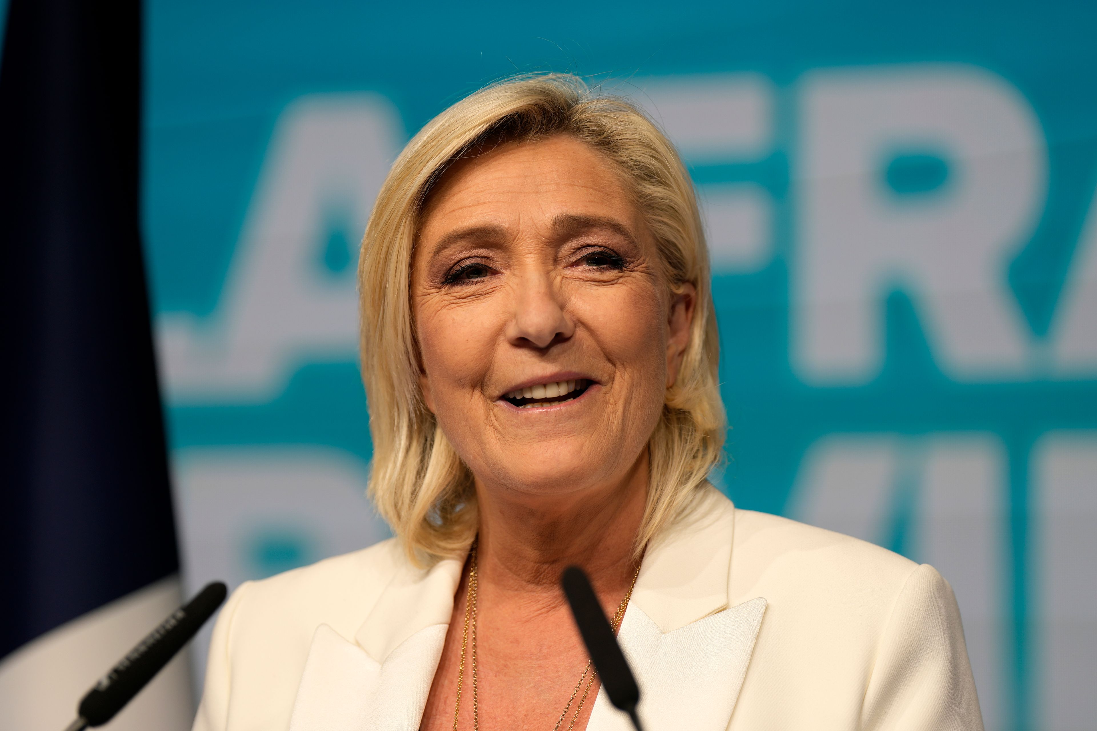 French far-right leader Marine Le Pen delivers her speech at the party election night headquarters after French President Emanuel Macron announced he dissolves National Assembly and calls new legislative election following the defeat in EU vote, Sunday, June 9, 2024 in Paris. First projected results from France put far-right National Rally party well ahead in EU elections, according to French opinion poll institutes.